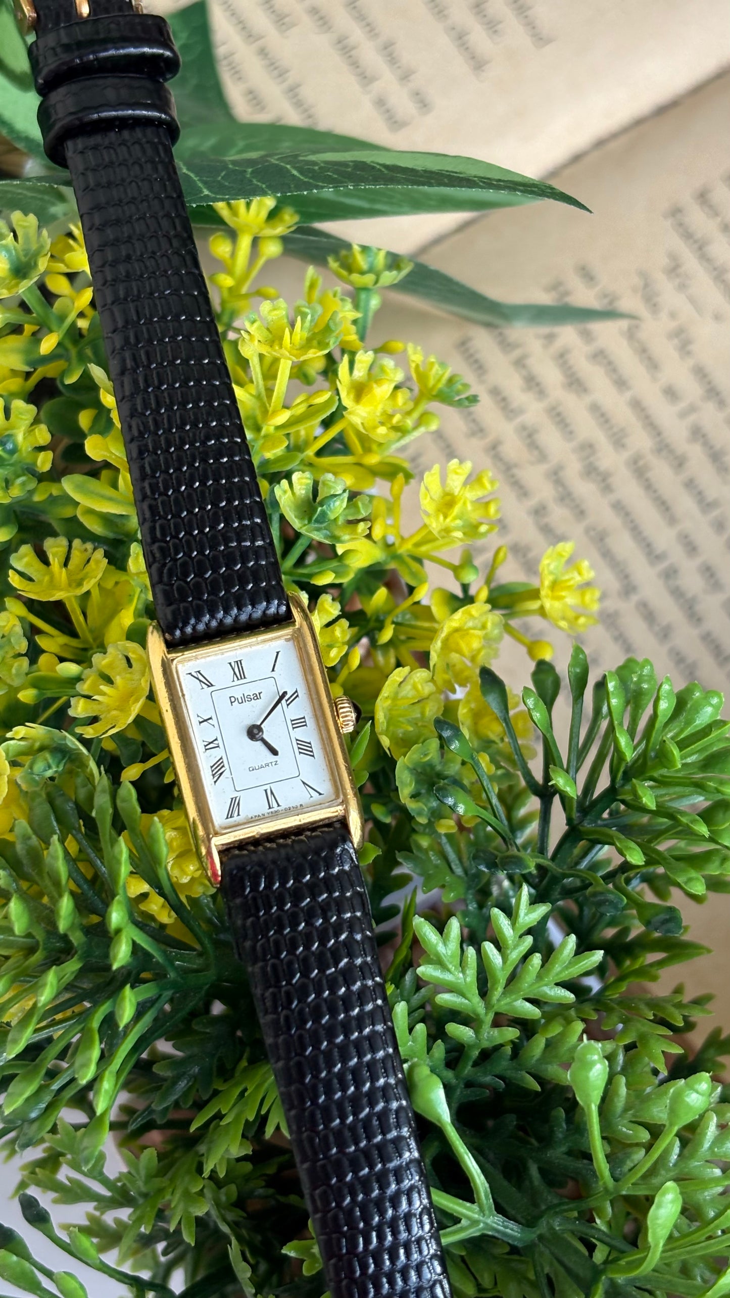 Extremely Rare Vintage Pulsar by Seiko Tank Watch in Black Leather Strap Roman Dial