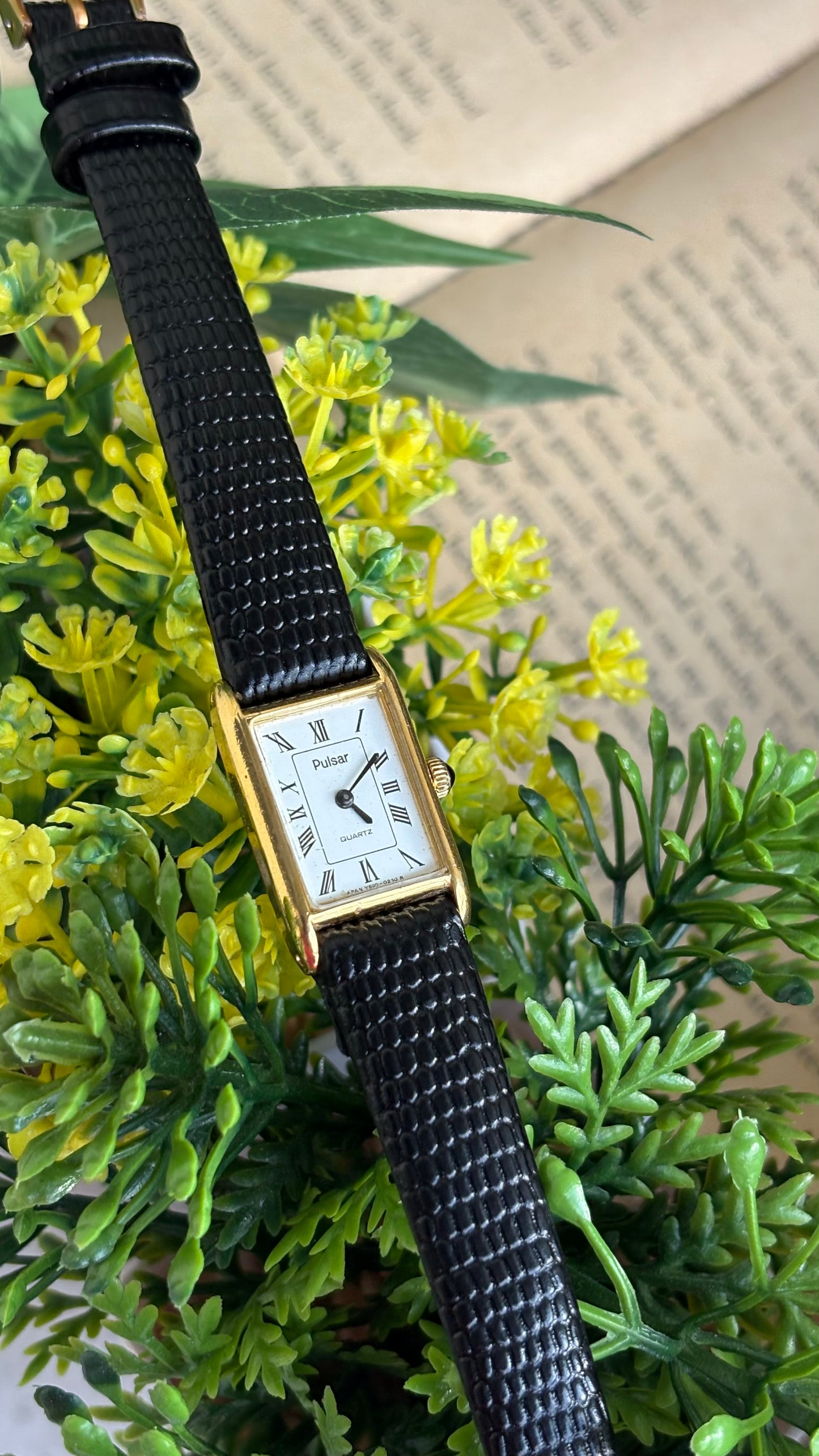 Extremely Rare Vintage Pulsar by Seiko Tank Watch in Black Leather Strap Roman Dial