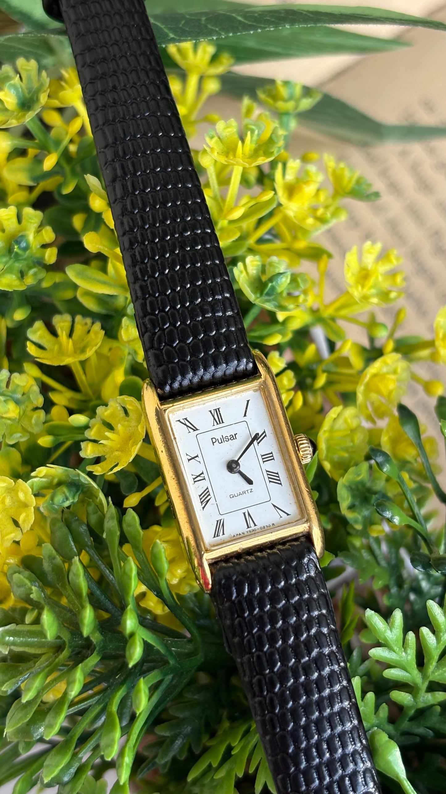 Extremely Rare Vintage Pulsar by Seiko Tank Watch in Black Leather Strap Roman Dial