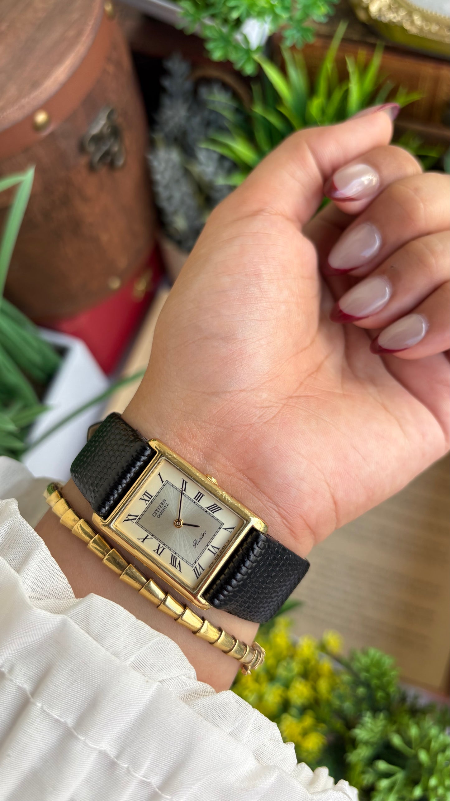 Extremely Rare Vintage Citizen Riviére Tank Watch in Leather Strap Roman Dial