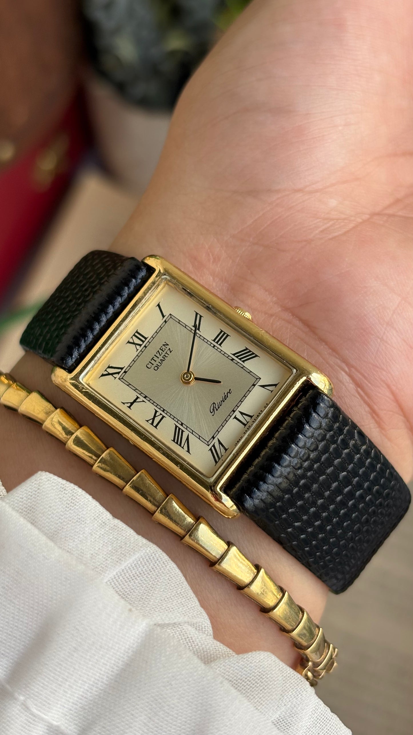 Extremely Rare Vintage Citizen Riviére Tank Watch in Leather Strap Roman Dial