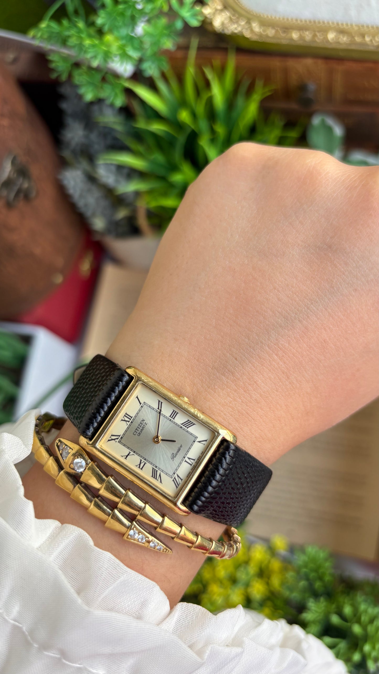 Extremely Rare Vintage Citizen Riviére Tank Watch in Leather Strap Roman Dial