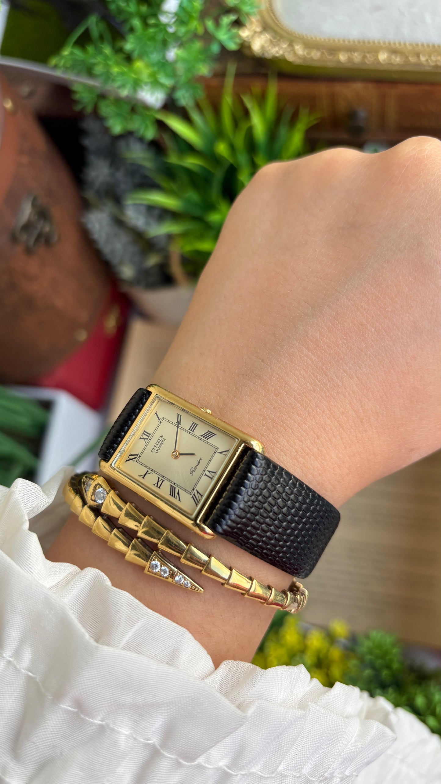 Extremely Rare Vintage Citizen Riviére Tank Watch in Leather Strap Roman Dial