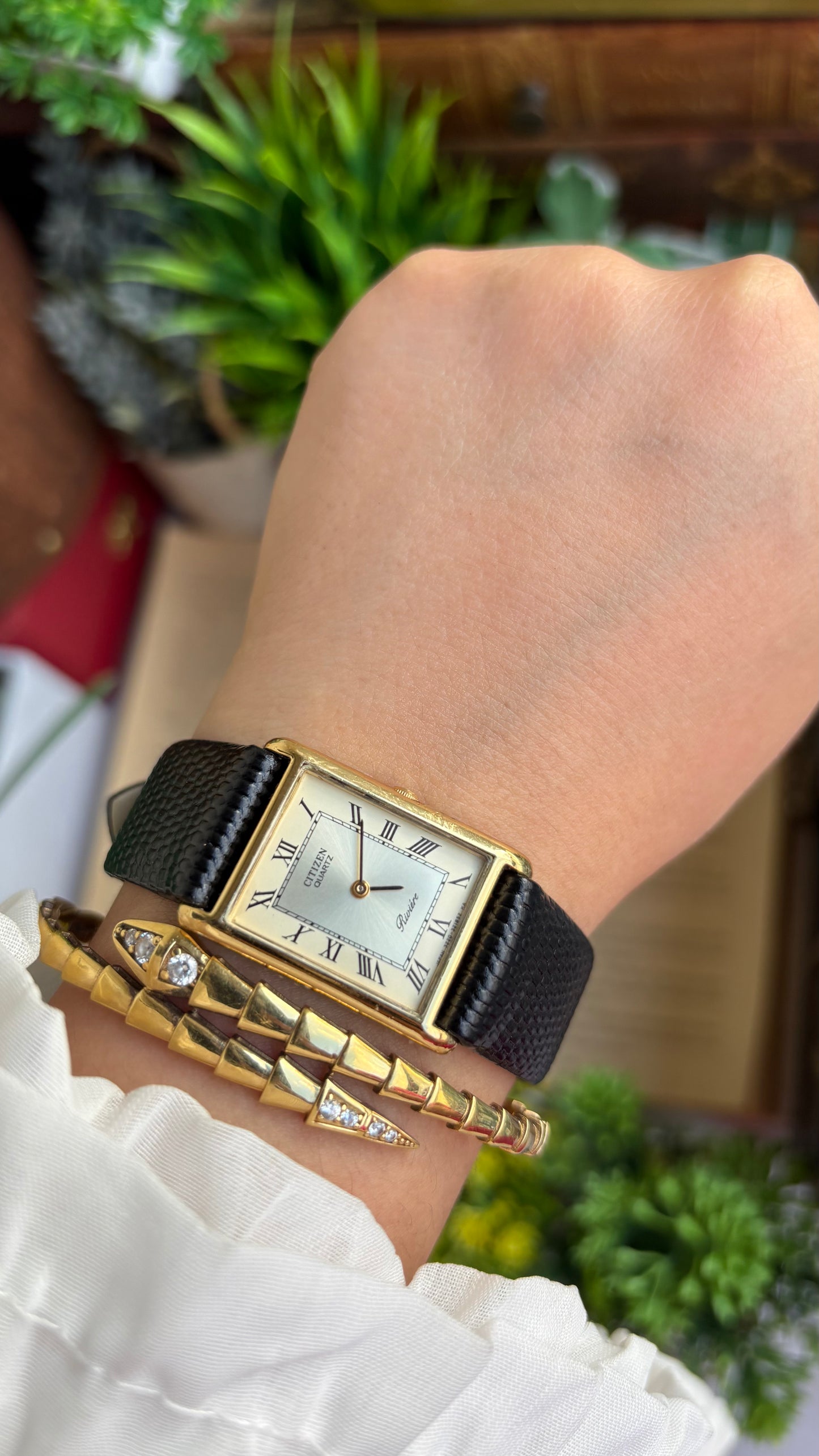 Extremely Rare Vintage Citizen Riviére Tank Watch in Leather Strap Roman Dial