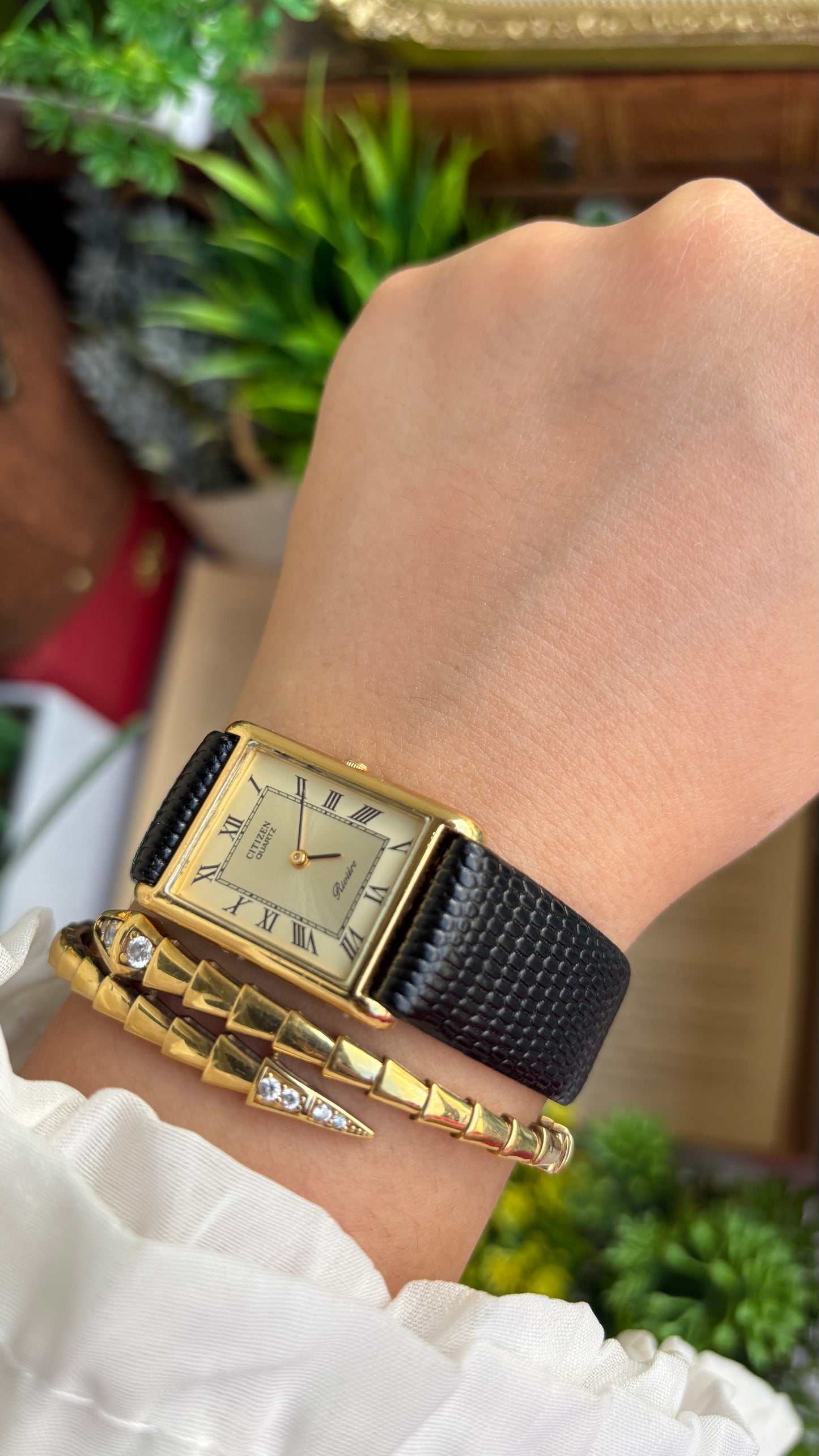 Extremely Rare Vintage Citizen Riviére Tank Watch in Leather Strap Roman Dial