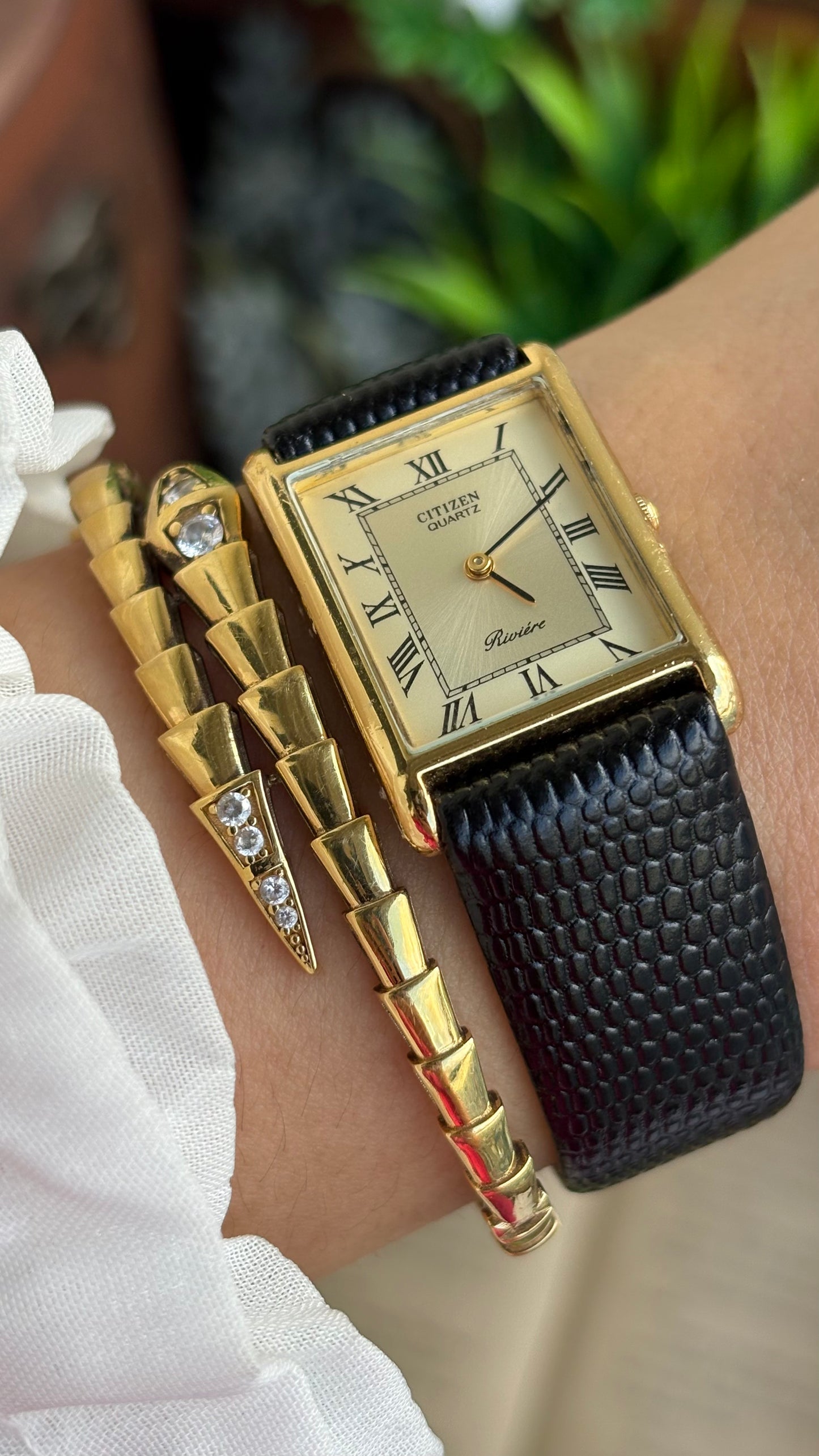 Extremely Rare Vintage Citizen Riviére Tank Watch in Leather Strap Roman Dial