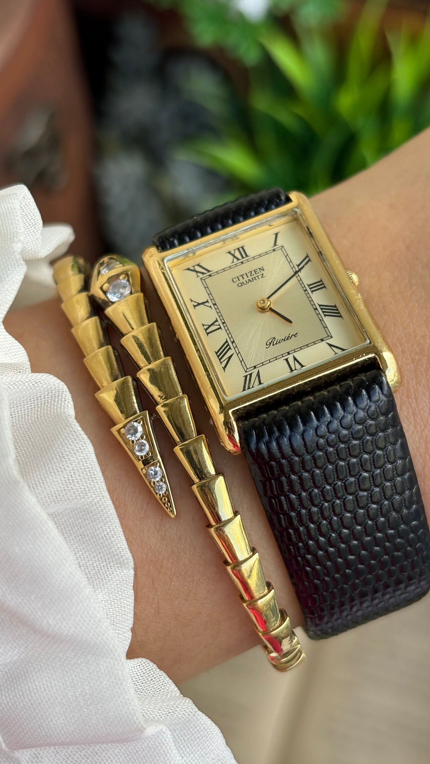 Extremely Rare Vintage Citizen Riviére Tank Watch in Leather Strap Roman Dial