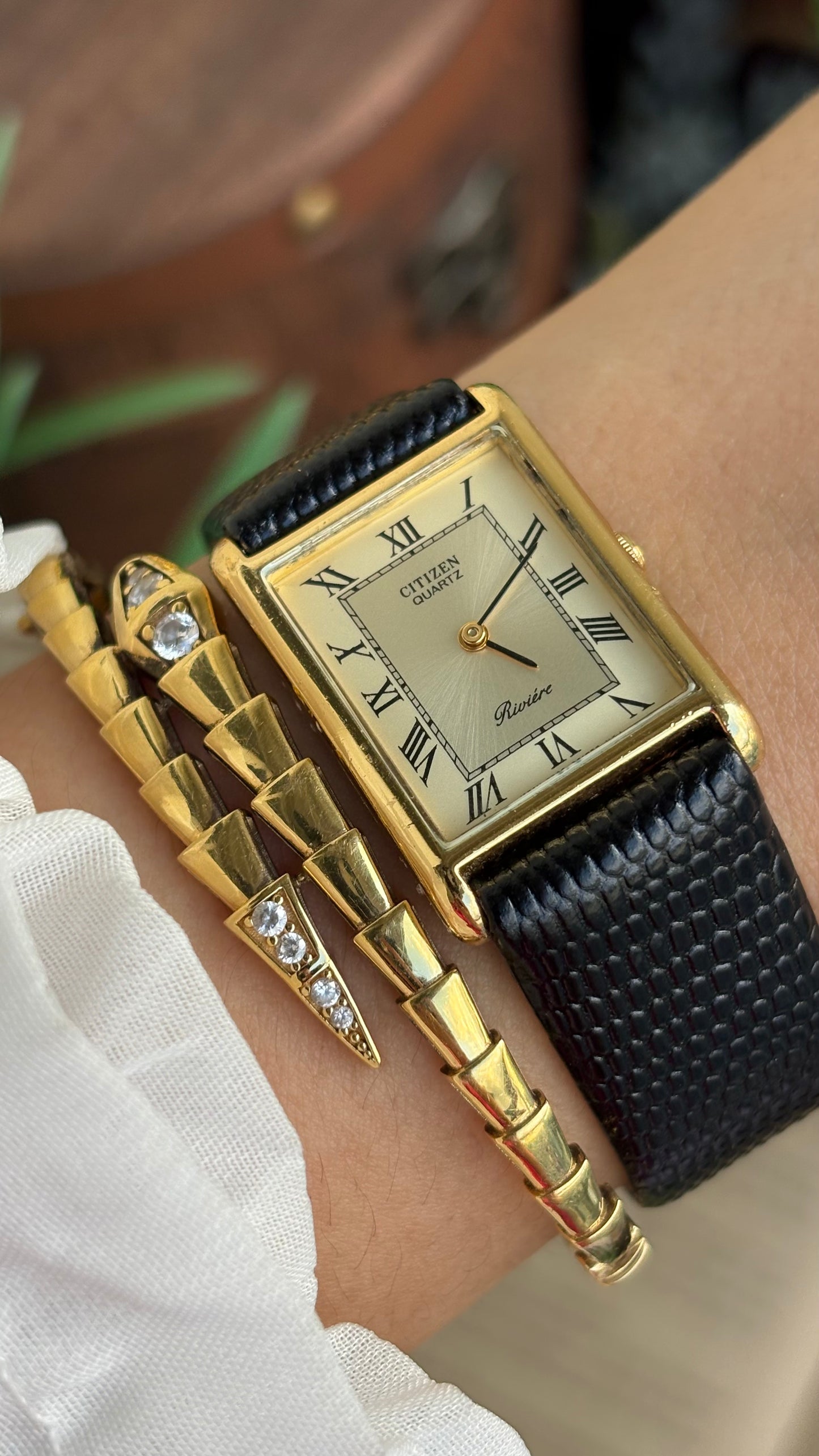 Extremely Rare Vintage Citizen Riviére Tank Watch in Leather Strap Roman Dial