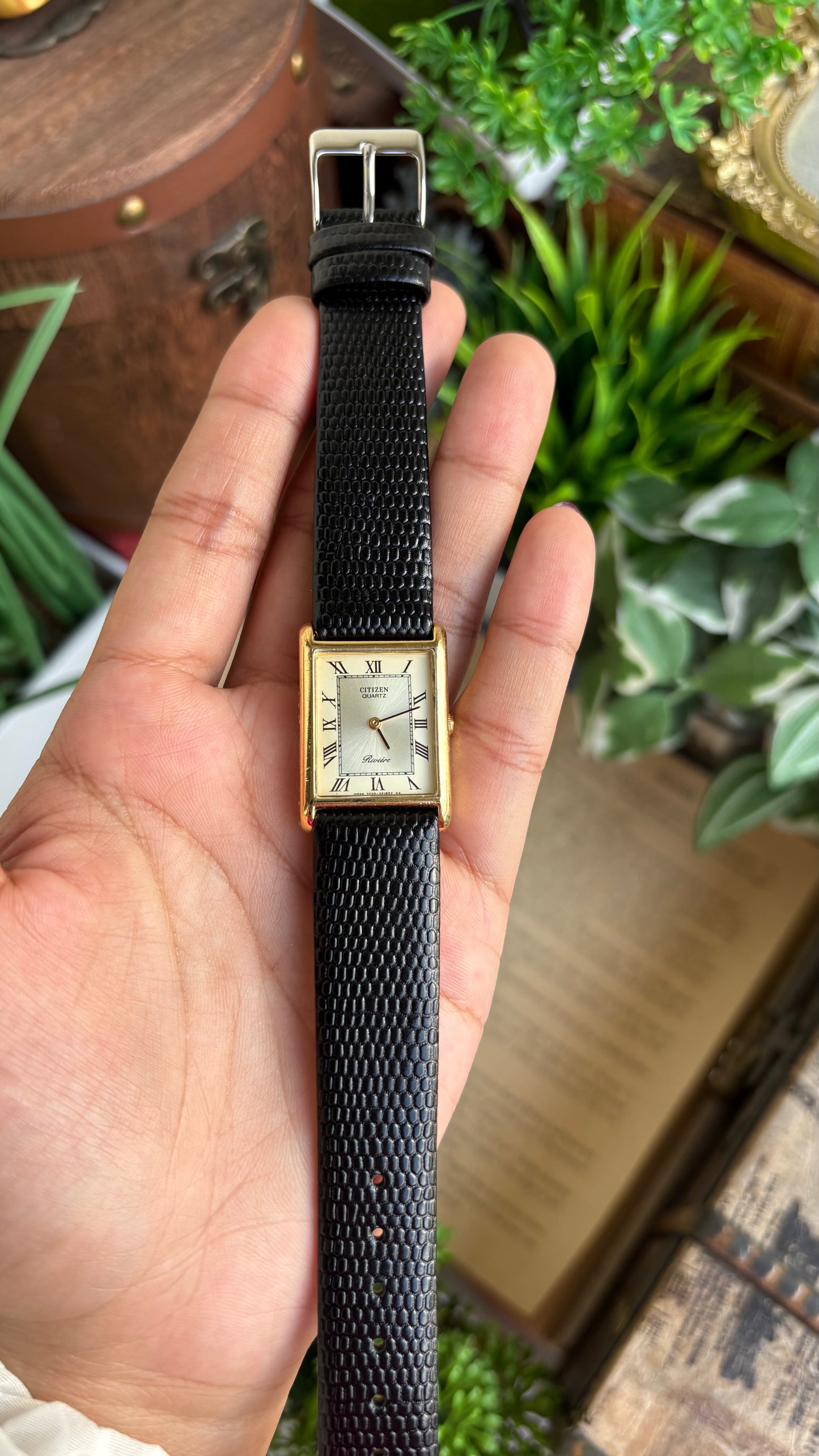 Extremely Rare Vintage Citizen Riviére Tank Watch in Leather Strap Roman Dial