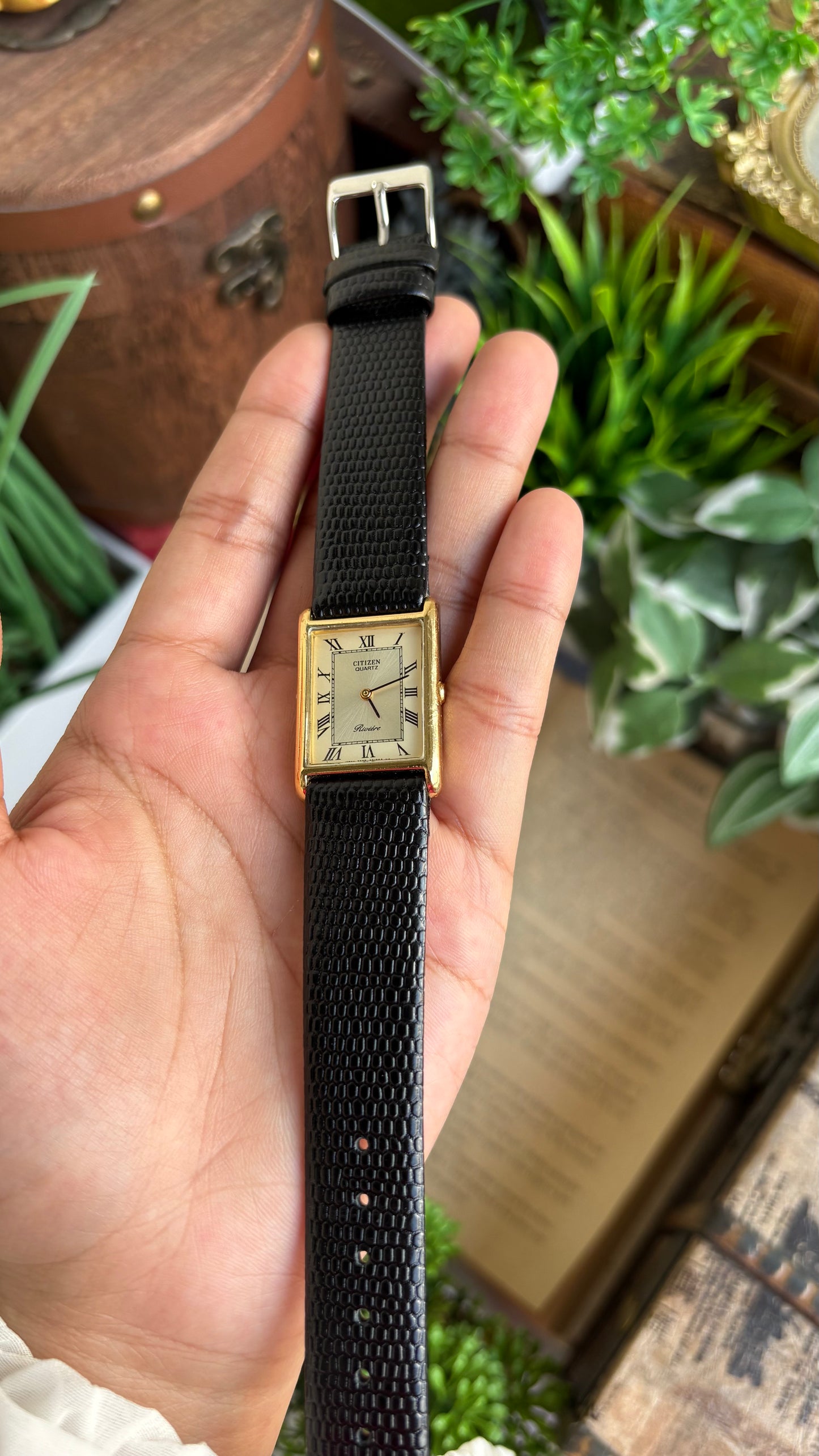 Extremely Rare Vintage Citizen Riviére Tank Watch in Leather Strap Roman Dial