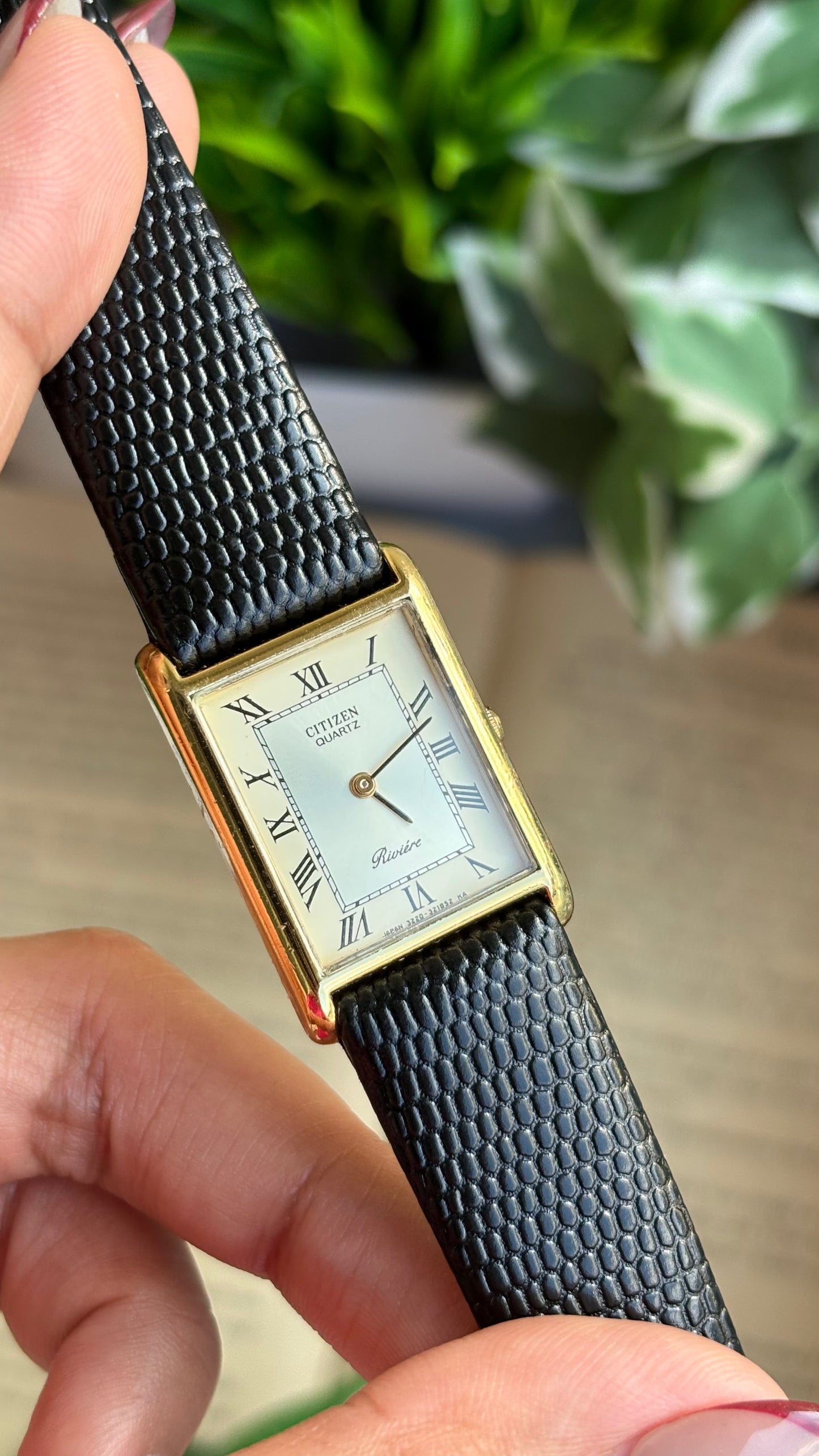 Extremely Rare Vintage Citizen Riviére Tank Watch in Leather Strap Roman Dial
