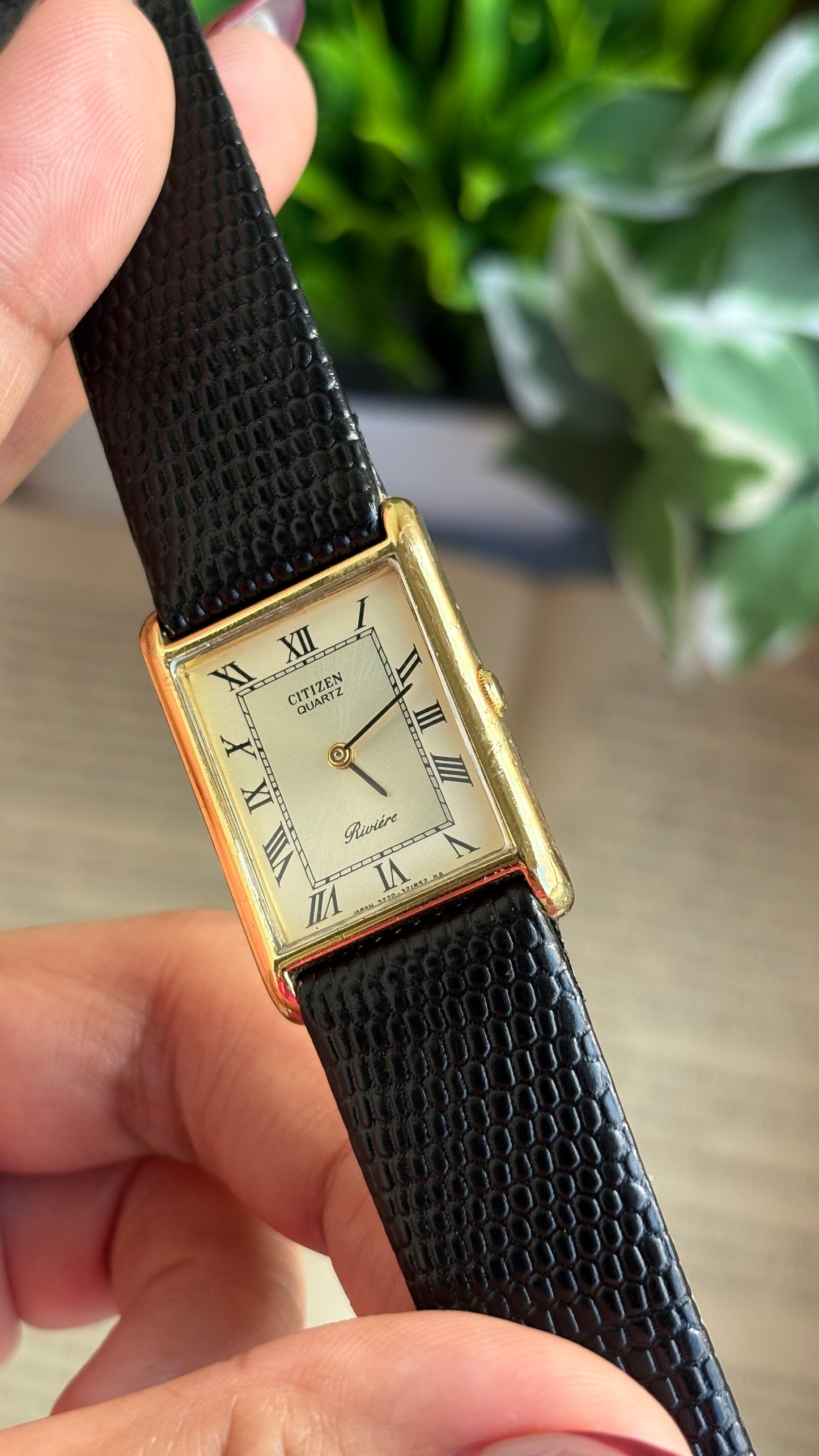 Extremely Rare Vintage Citizen Riviére Tank Watch in Leather Strap Roman Dial
