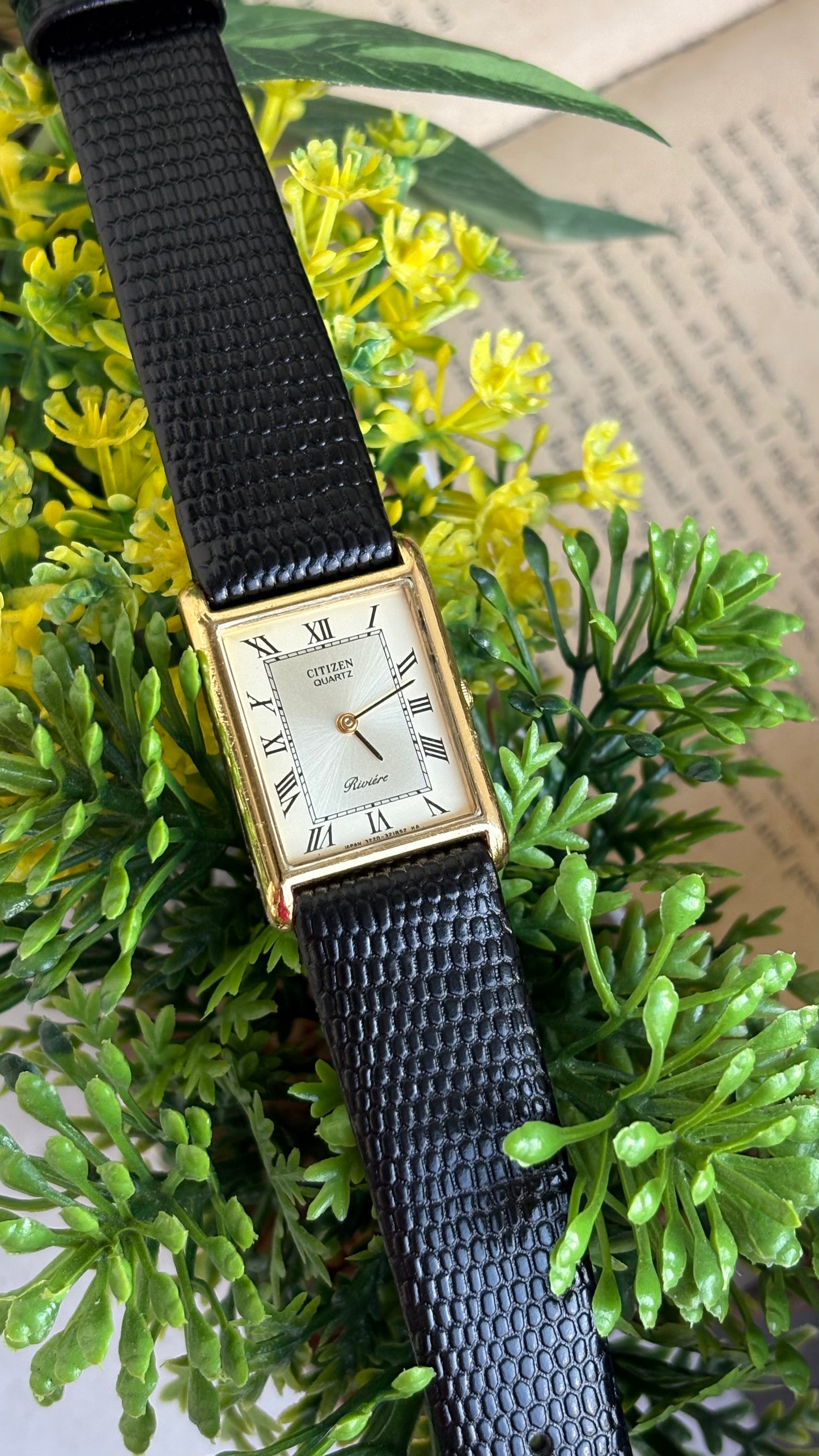 Extremely Rare Vintage Citizen Riviére Tank Watch in Leather Strap Roman Dial