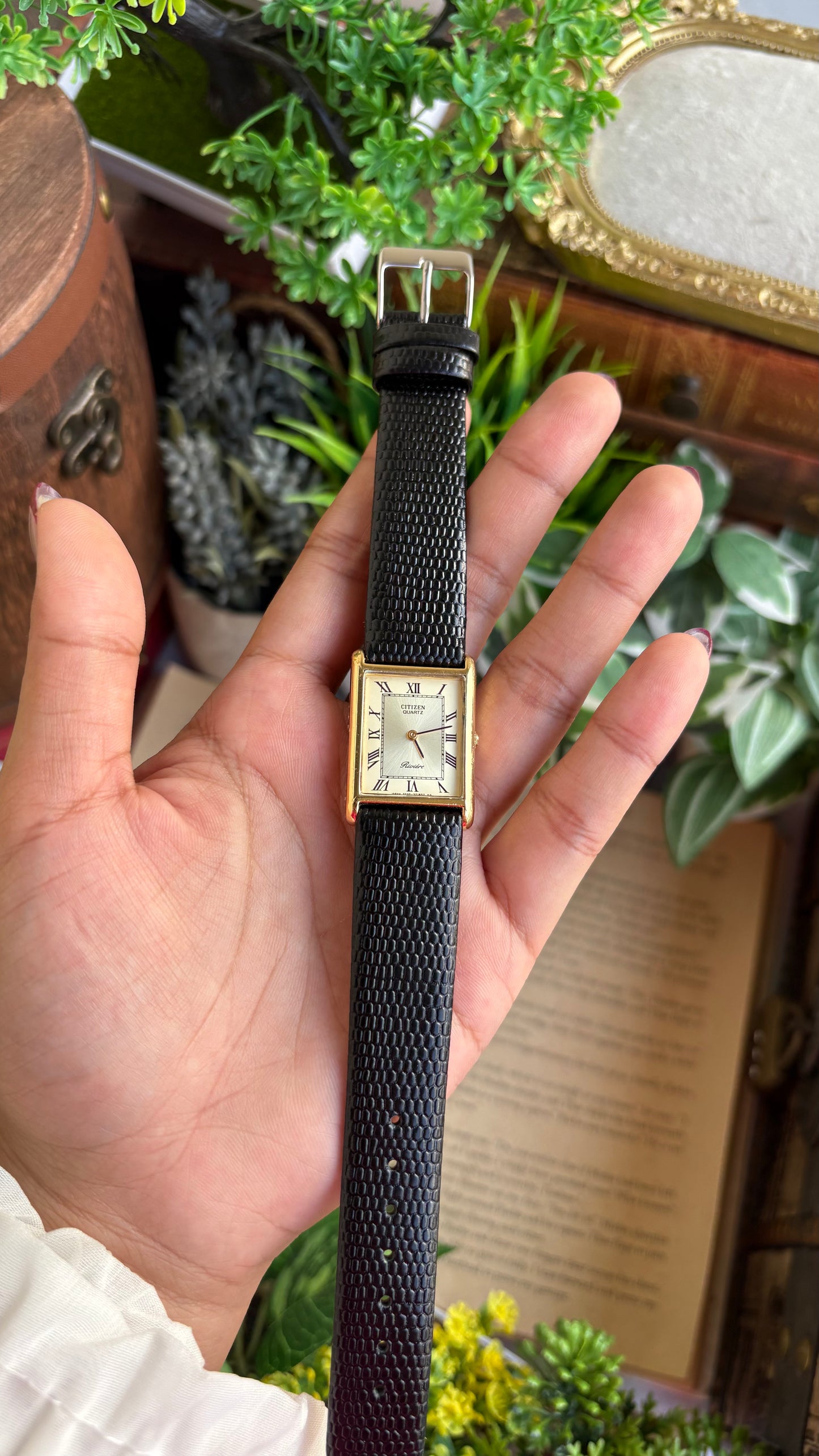 Extremely Rare Vintage Citizen Riviére Tank Watch in Leather Strap Roman Dial