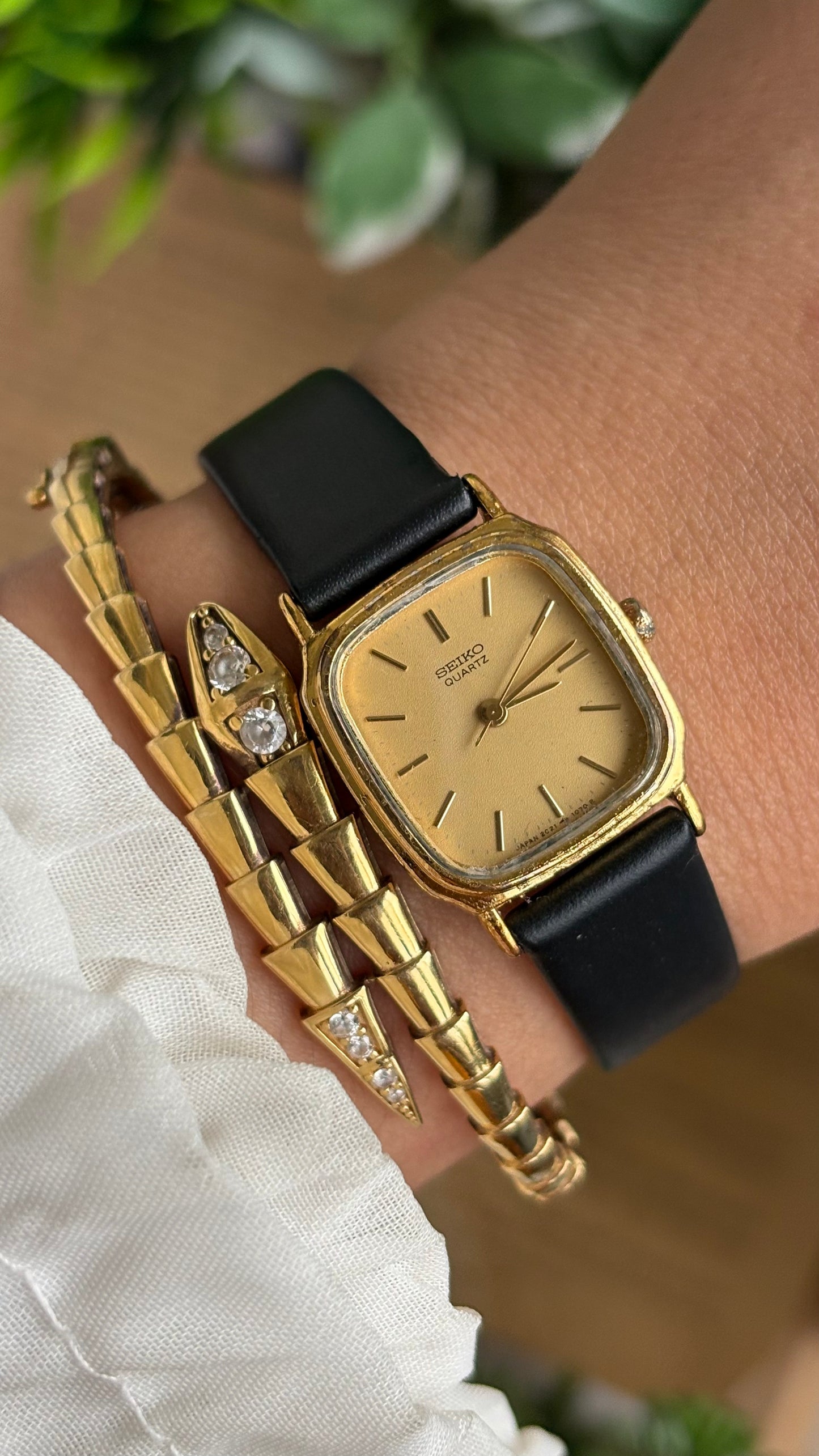 Vintage Seiko Mini Tank Watch in Black Leather Strap