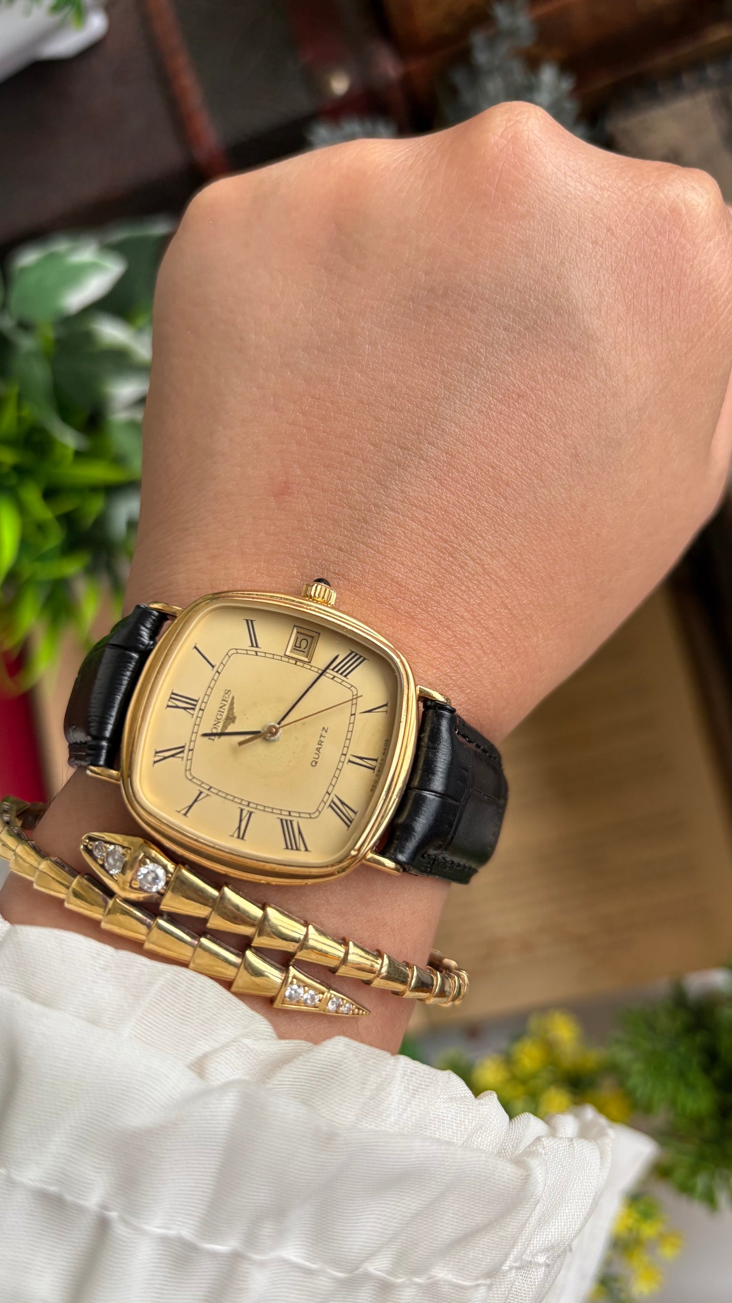 Vintage Longines Tank Watch in Black Leather Strap Roman Dial