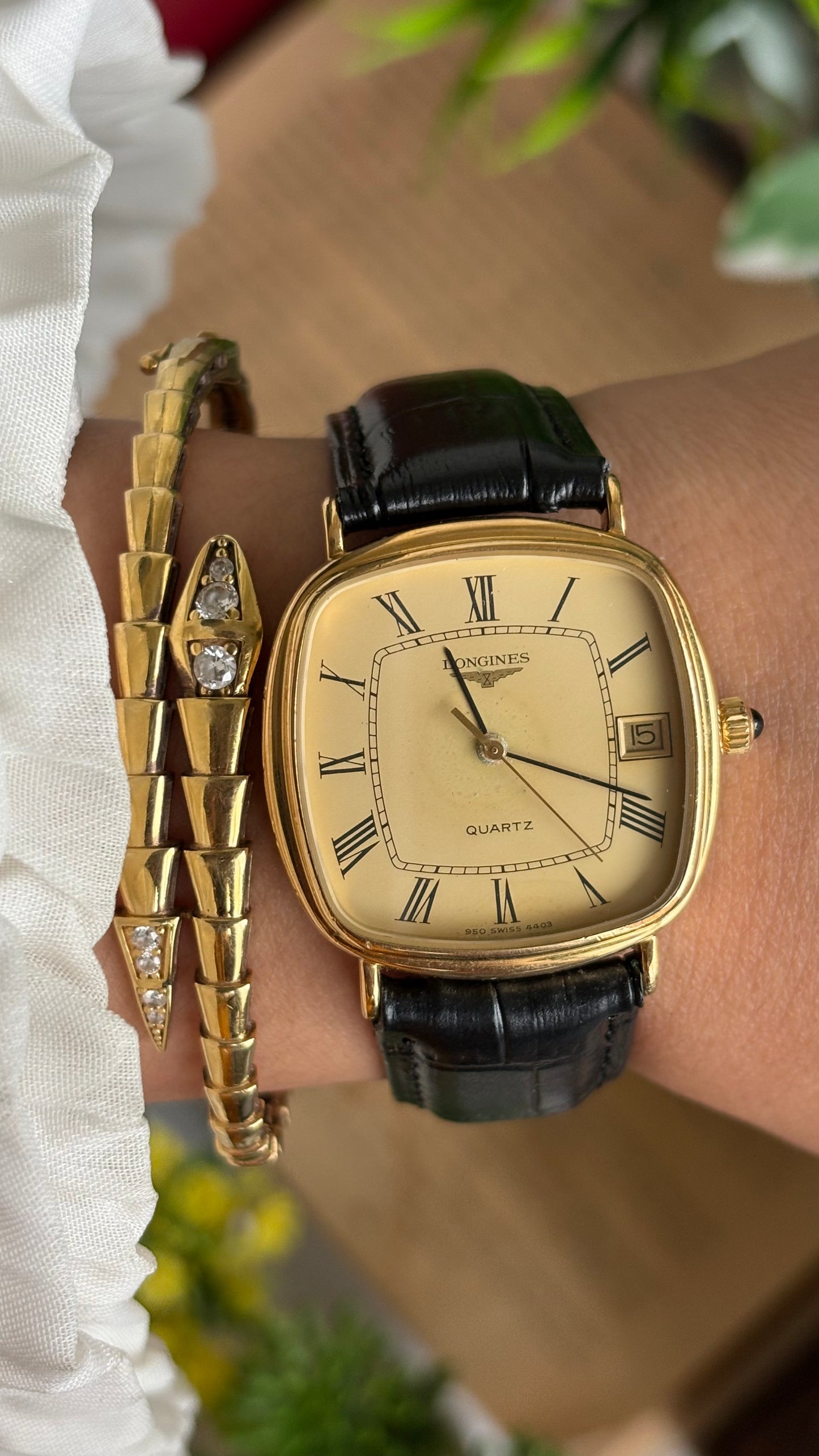 Vintage Longines Tank Watch in Black Leather Strap Roman Dial