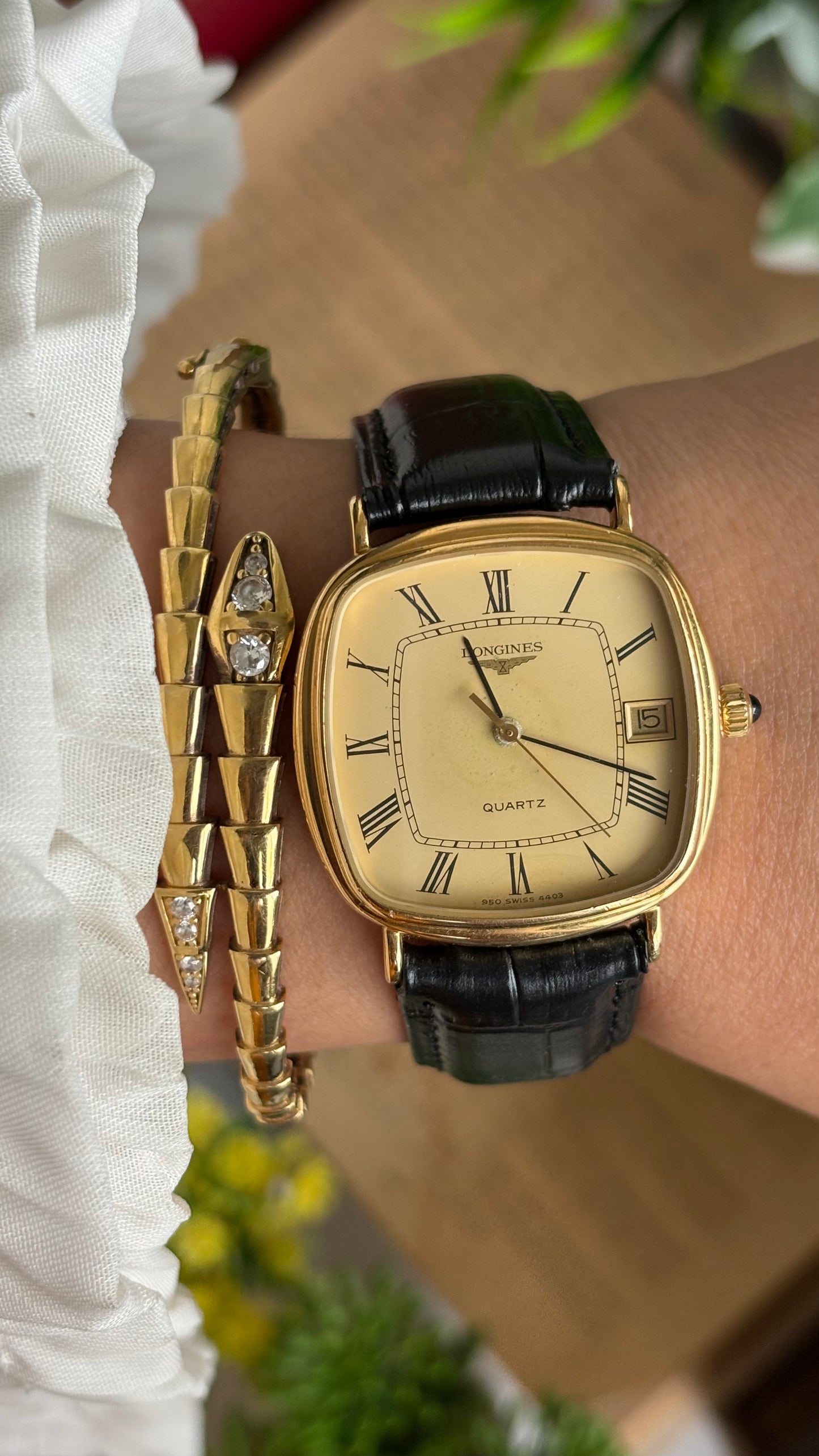 Vintage Longines Tank Watch in Black Leather Strap Roman Dial