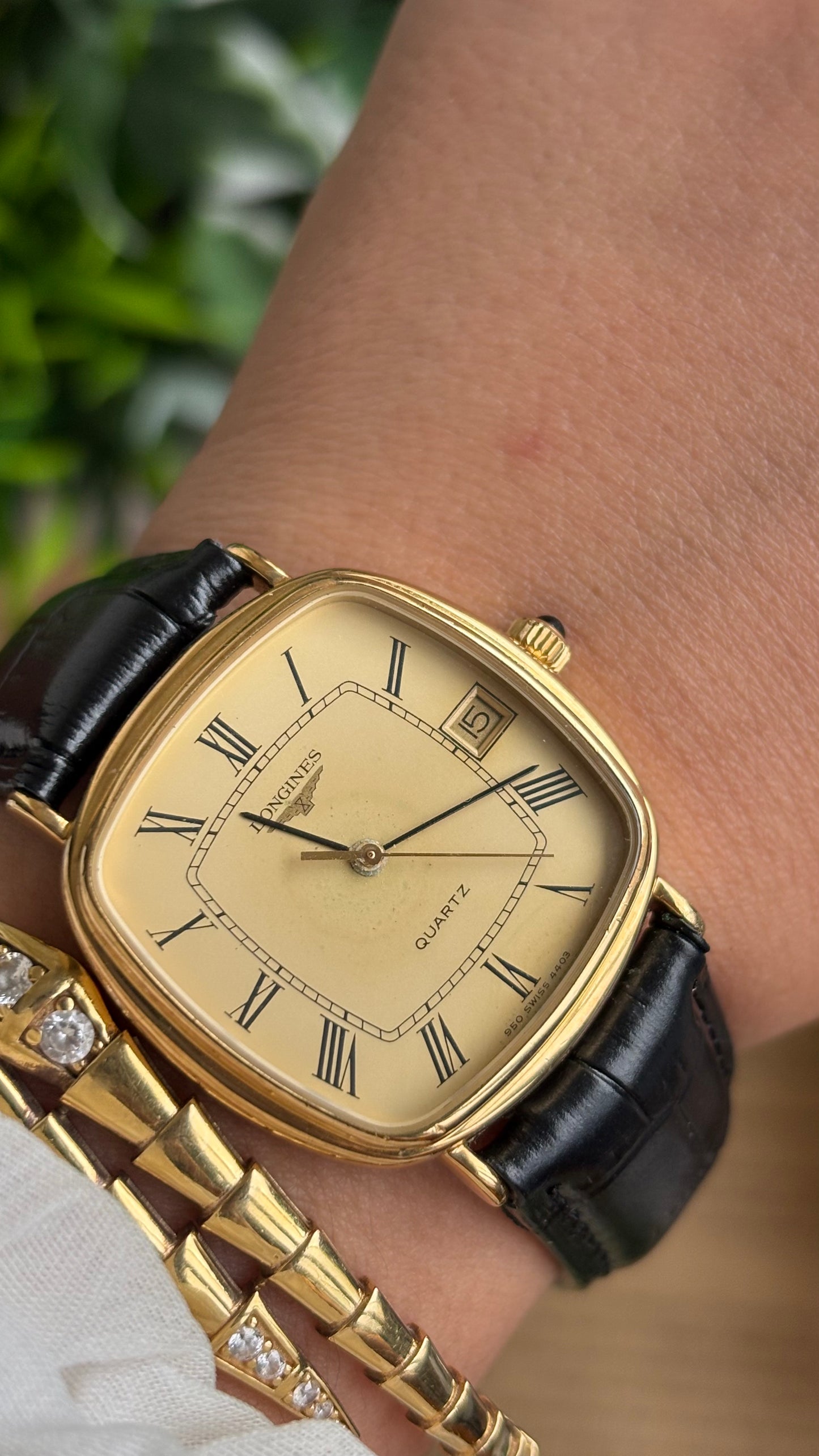 Vintage Longines Tank Watch in Black Leather Strap Roman Dial