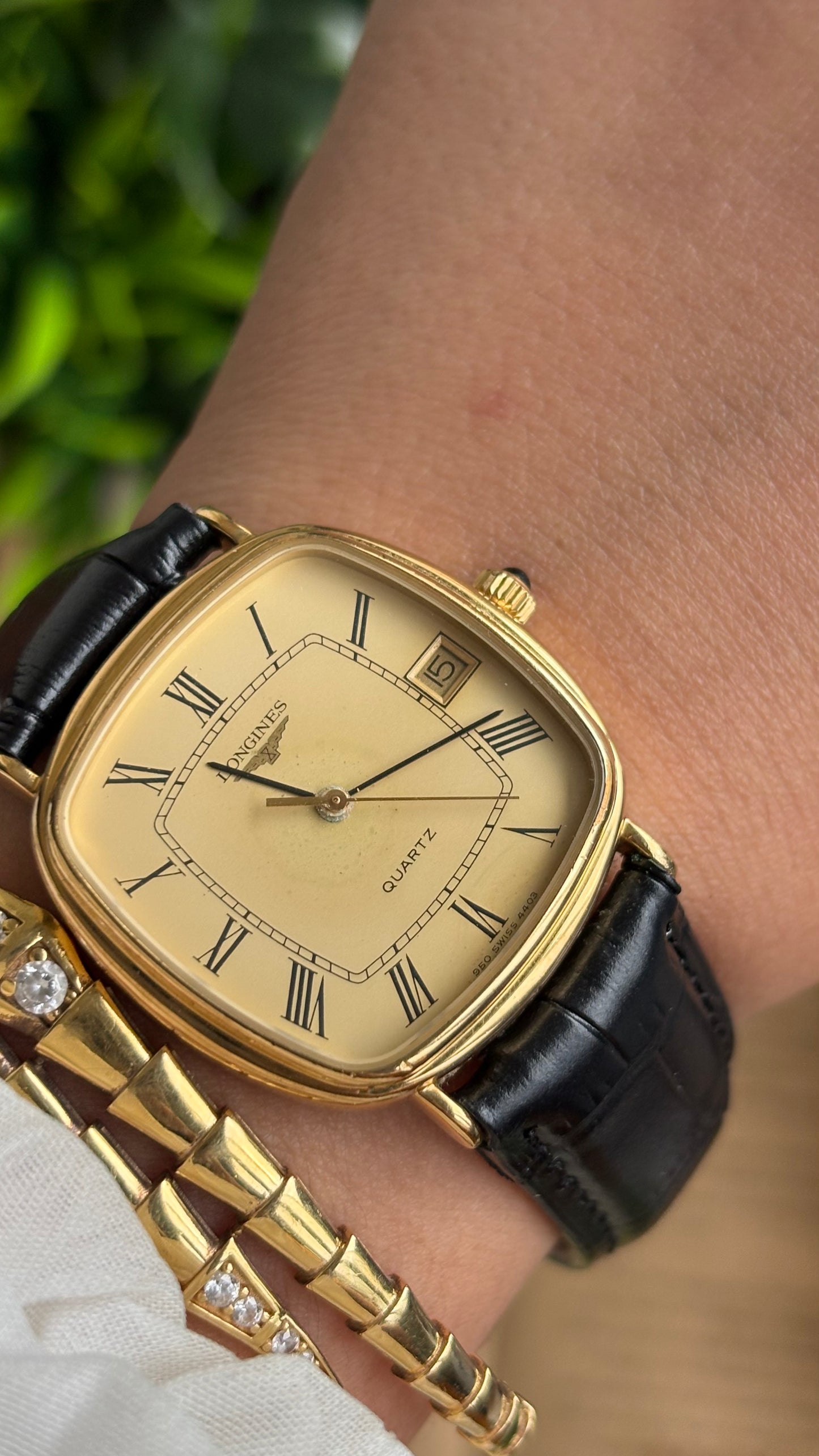 Vintage Longines Tank Watch in Black Leather Strap Roman Dial