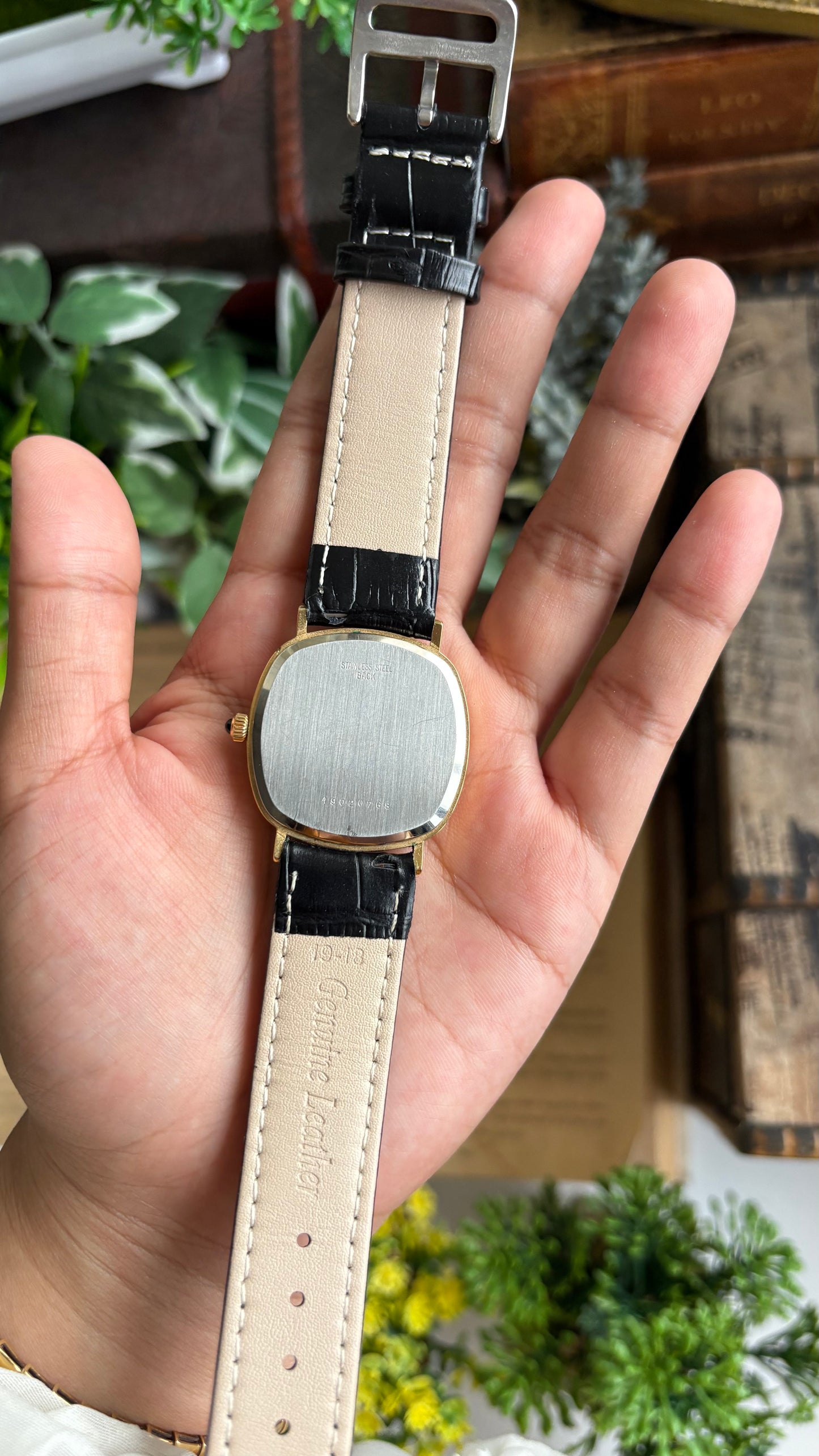 Vintage Longines Tank Watch in Black Leather Strap Roman Dial