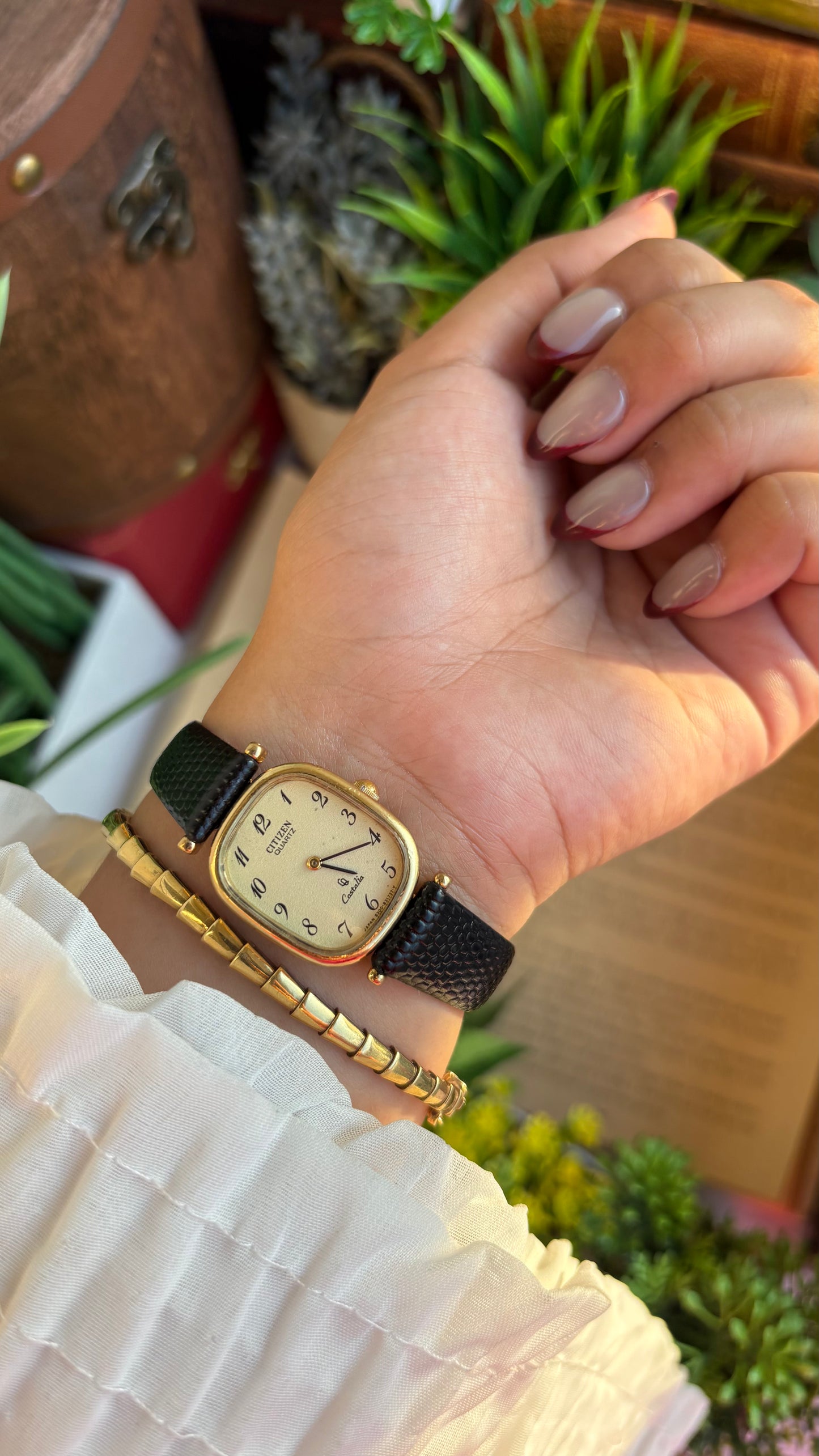 Extremely Rare Vintage Citizen Castalia Mini Tank Watch in Leather Strap Rounded Rectangular Dial