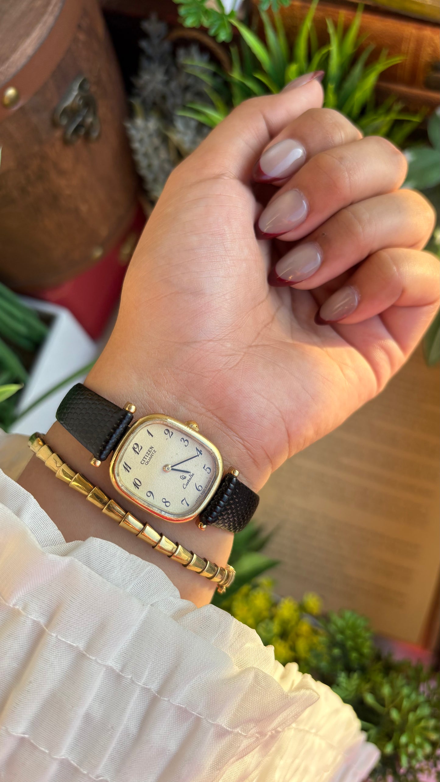 Extremely Rare Vintage Citizen Castalia Mini Tank Watch in Leather Strap Rounded Rectangular Dial
