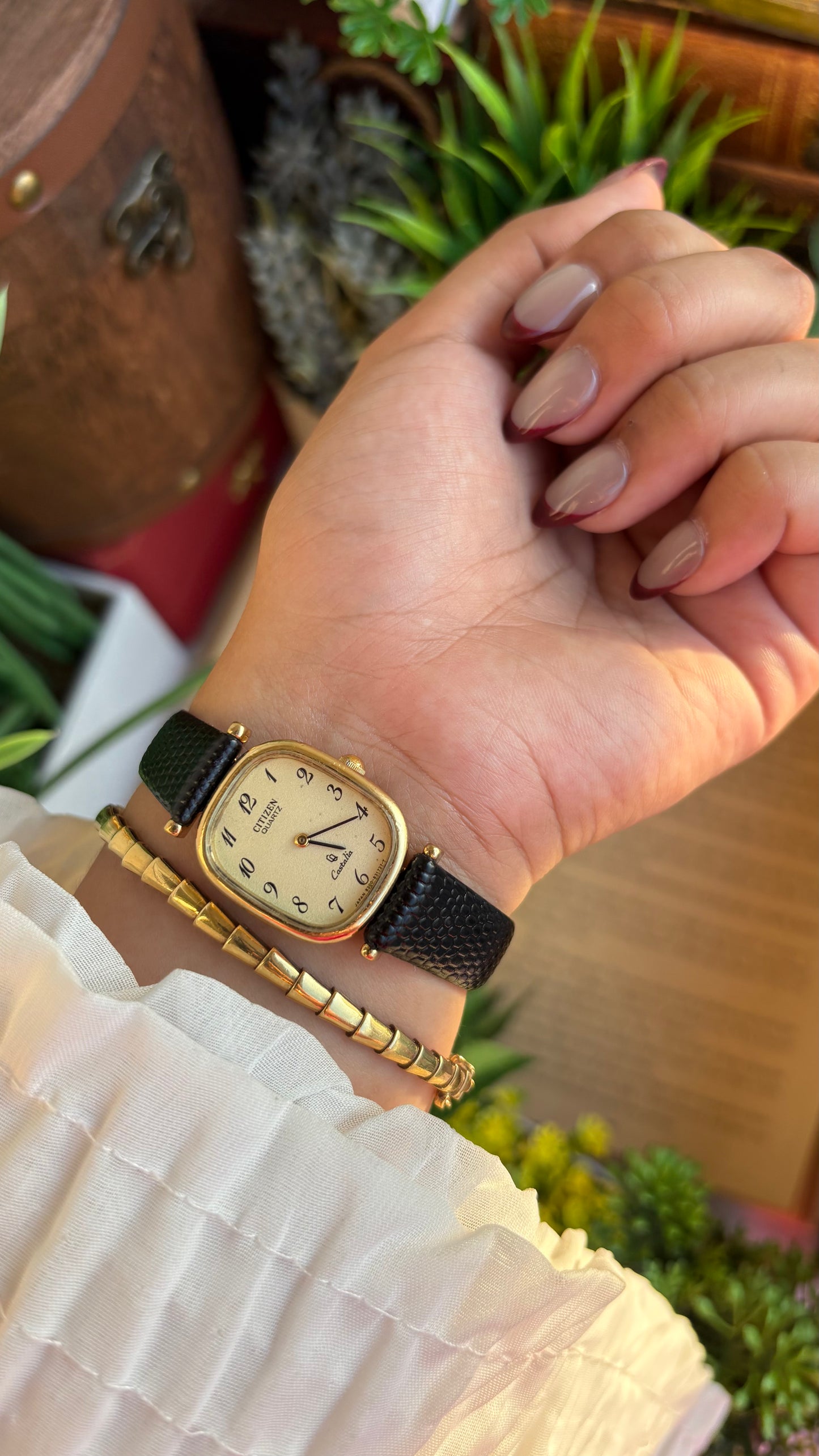 Extremely Rare Vintage Citizen Castalia Mini Tank Watch in Leather Strap Rounded Rectangular Dial