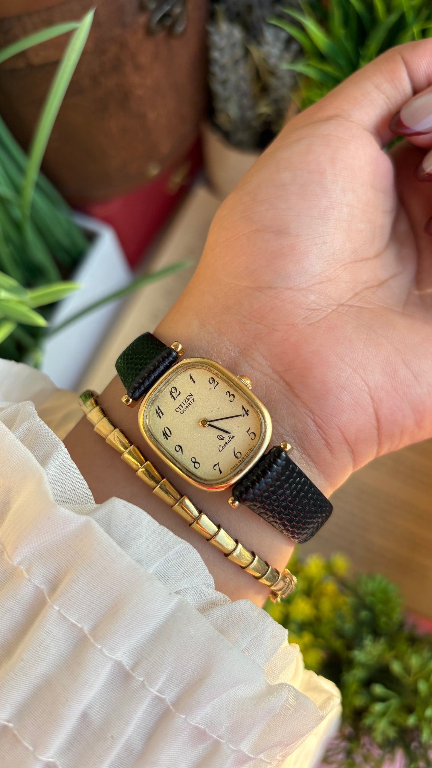 Extremely Rare Vintage Citizen Castalia Mini Tank Watch in Leather Strap Rounded Rectangular Dial