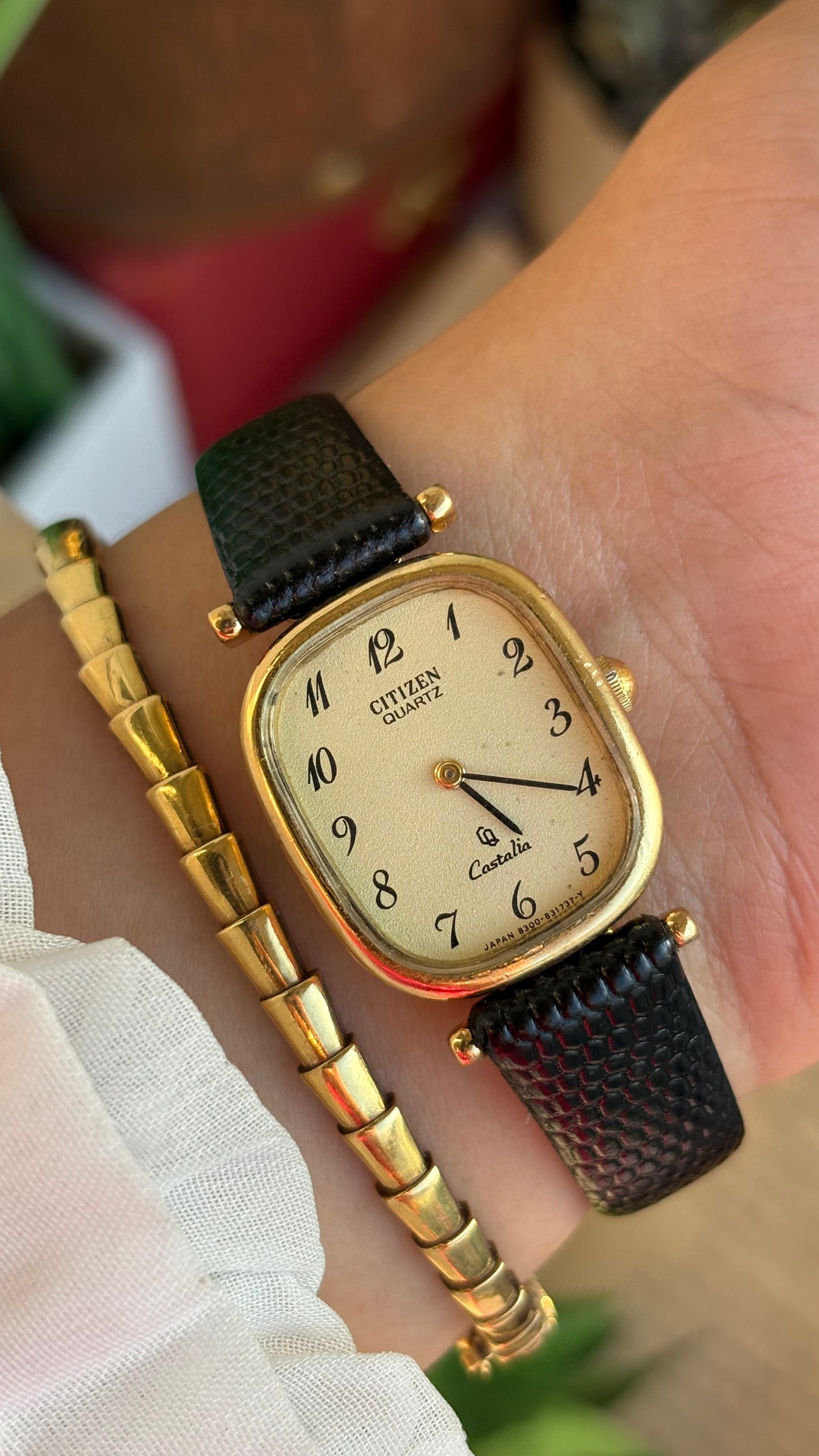 Extremely Rare Vintage Citizen Castalia Mini Tank Watch in Leather Strap Rounded Rectangular Dial