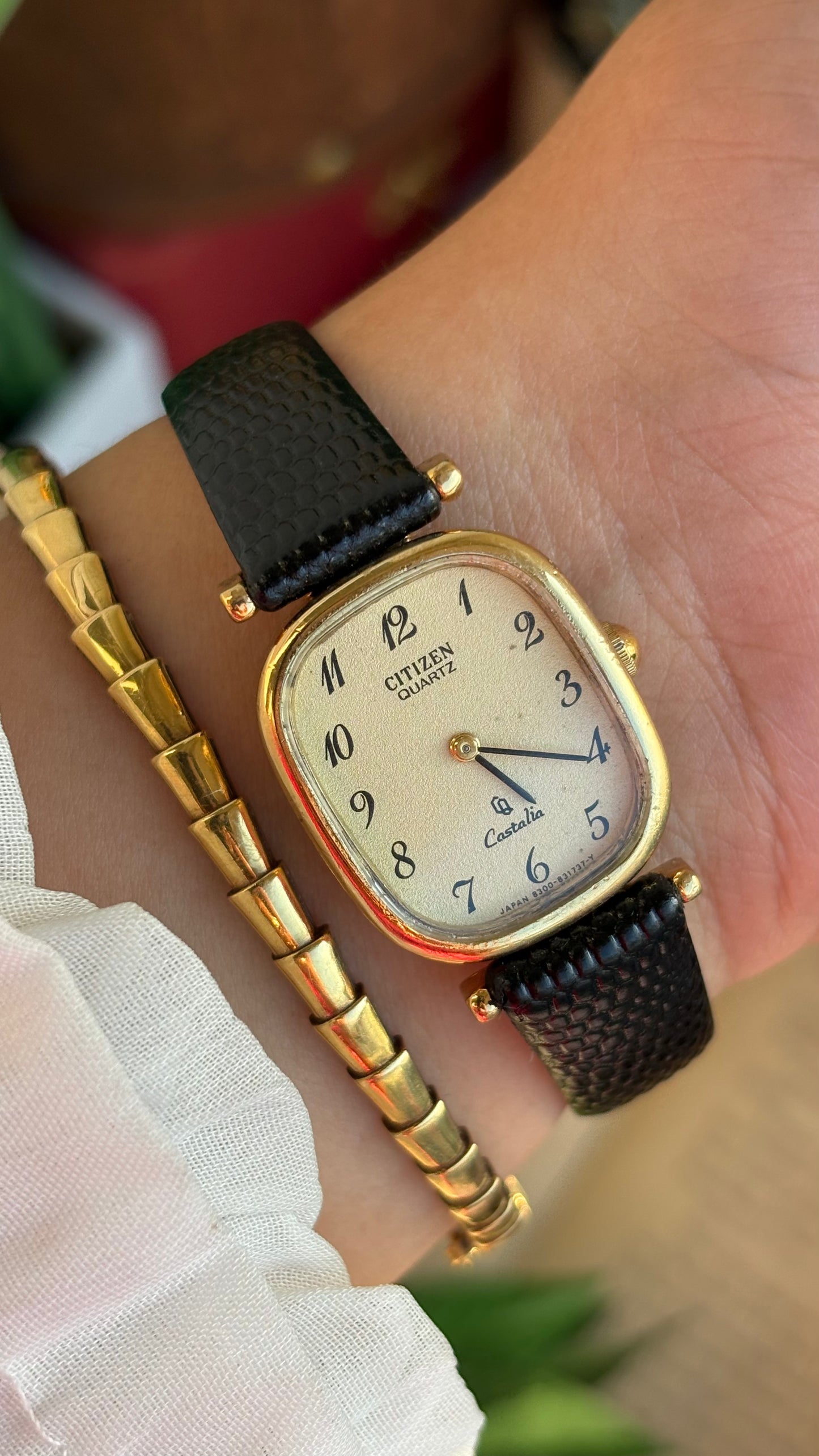 Extremely Rare Vintage Citizen Castalia Mini Tank Watch in Leather Strap Rounded Rectangular Dial