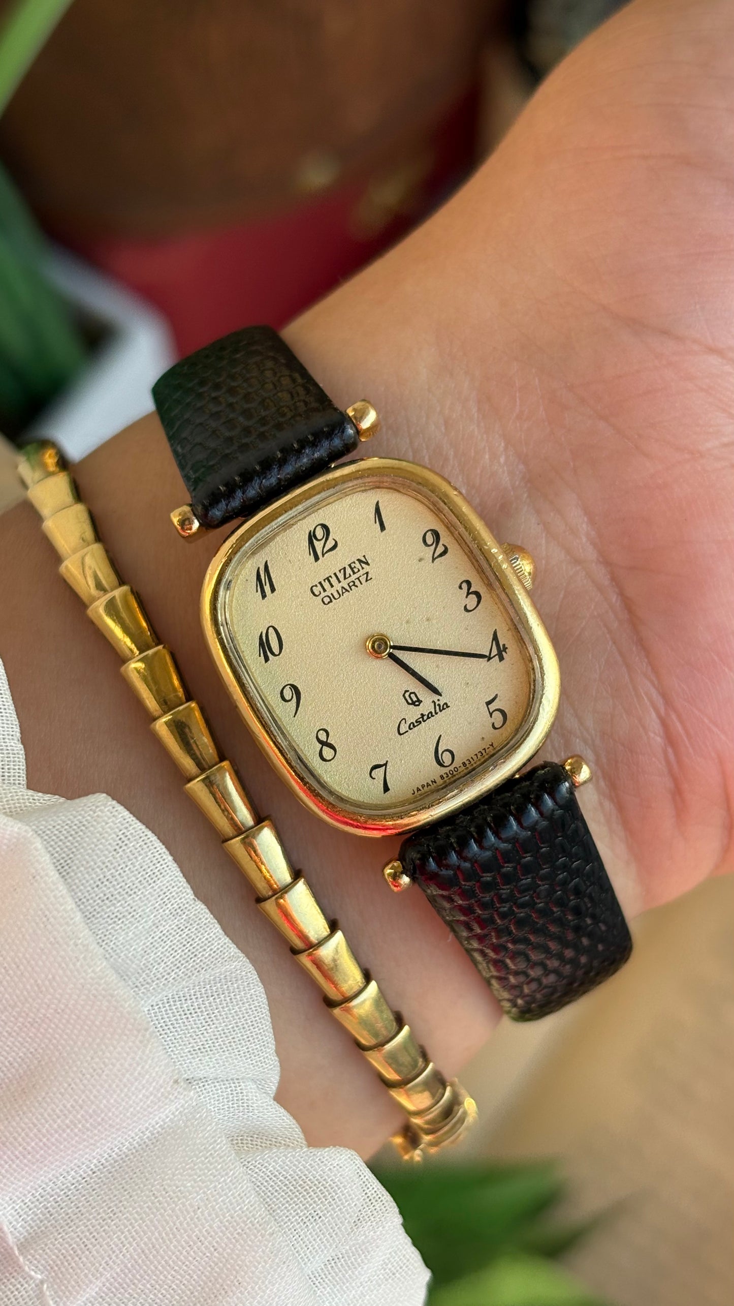 Extremely Rare Vintage Citizen Castalia Mini Tank Watch in Leather Strap Rounded Rectangular Dial