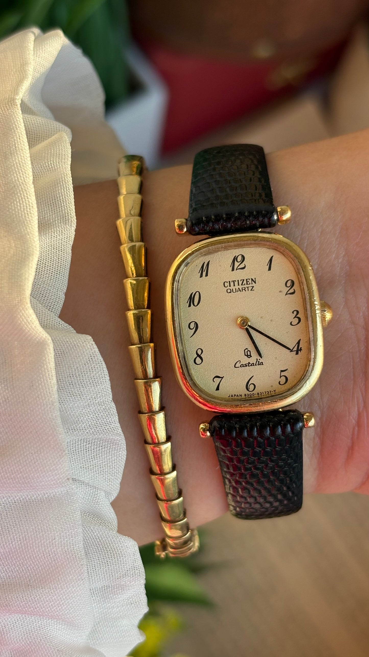 Extremely Rare Vintage Citizen Castalia Mini Tank Watch in Leather Strap Rounded Rectangular Dial