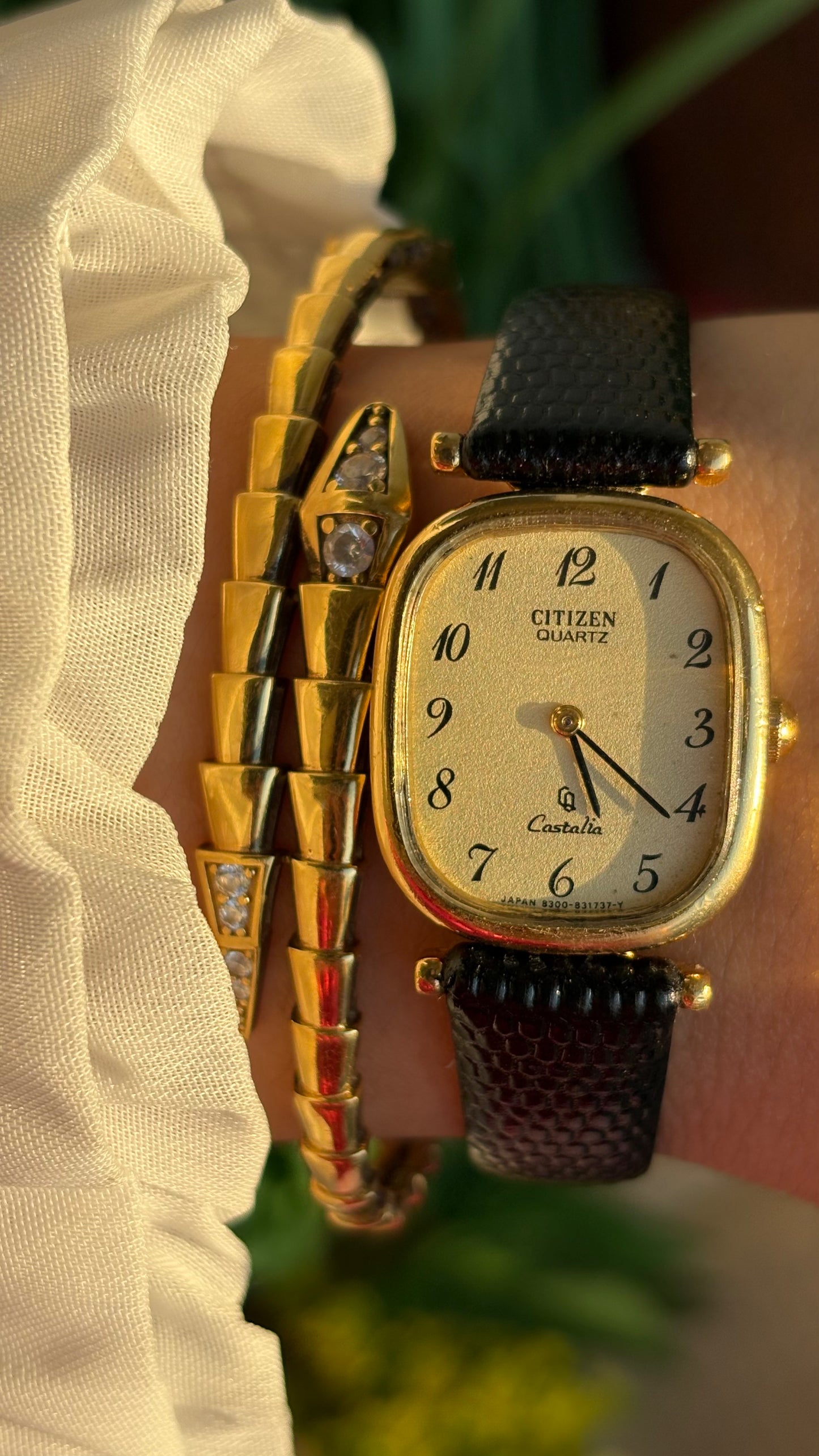 Extremely Rare Vintage Citizen Castalia Mini Tank Watch in Leather Strap Rounded Rectangular Dial