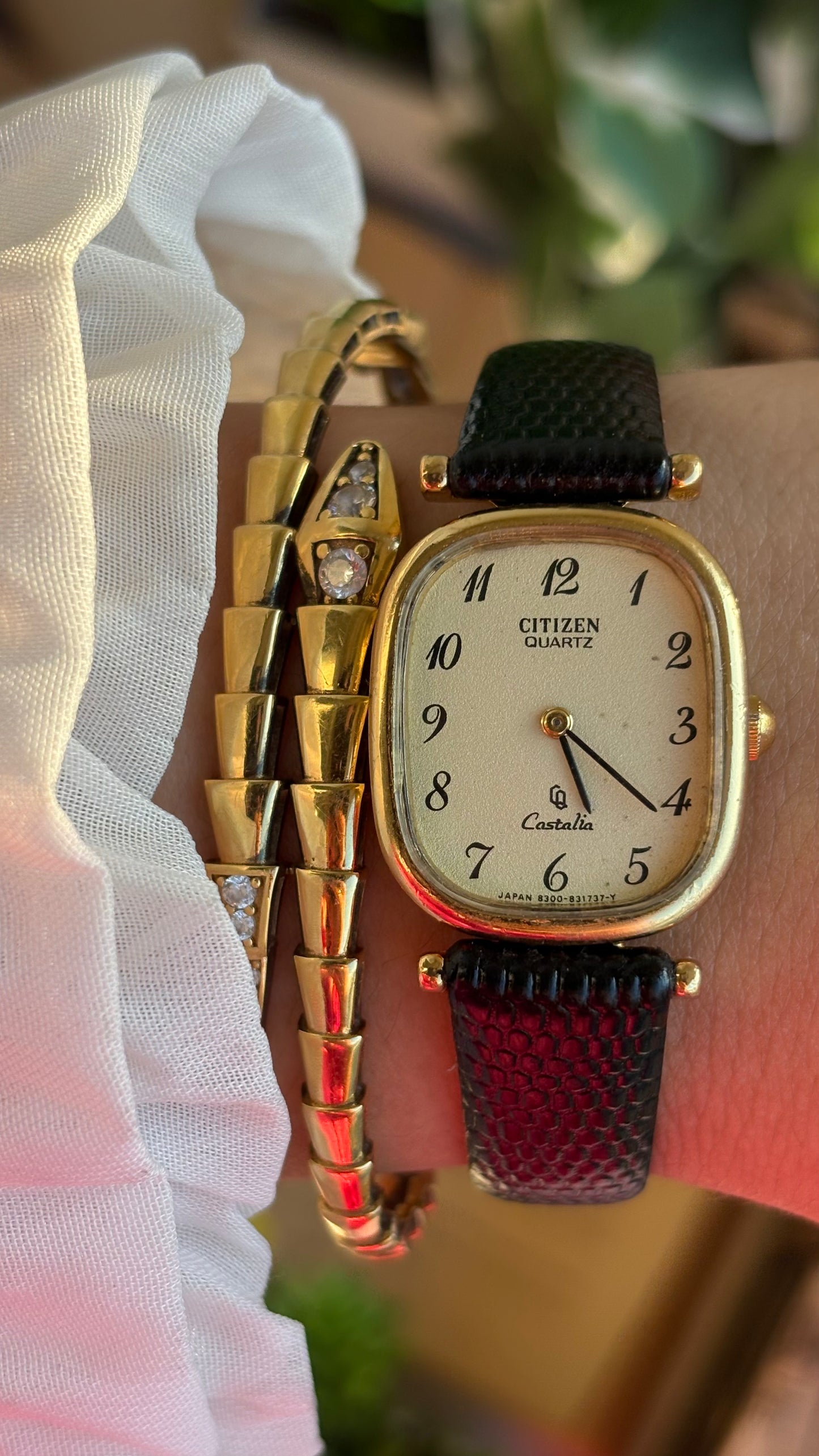 Extremely Rare Vintage Citizen Castalia Mini Tank Watch in Leather Strap Rounded Rectangular Dial