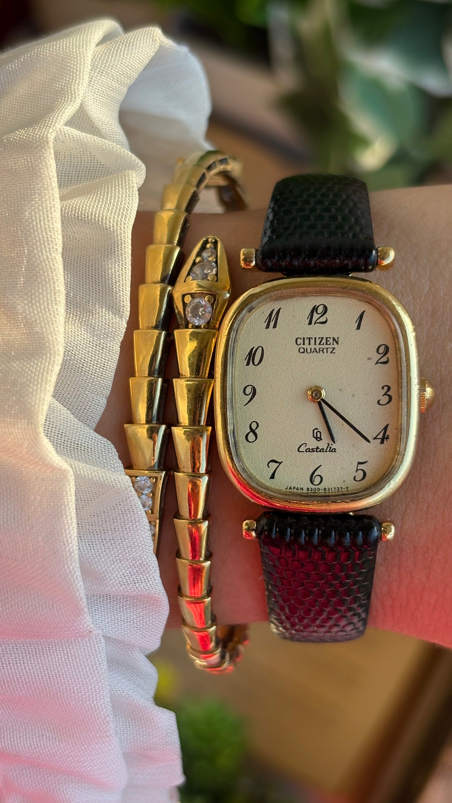 Extremely Rare Vintage Citizen Castalia Mini Tank Watch in Leather Strap Rounded Rectangular Dial