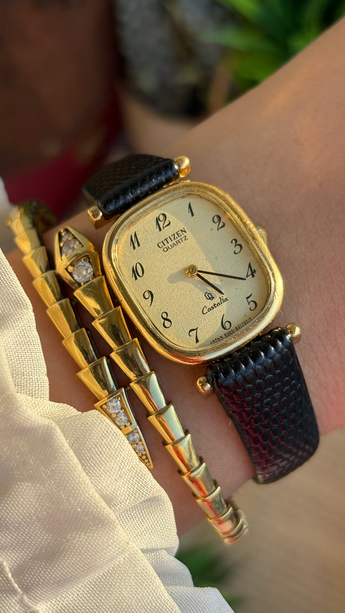 Extremely Rare Vintage Citizen Castalia Mini Tank Watch in Leather Strap Rounded Rectangular Dial