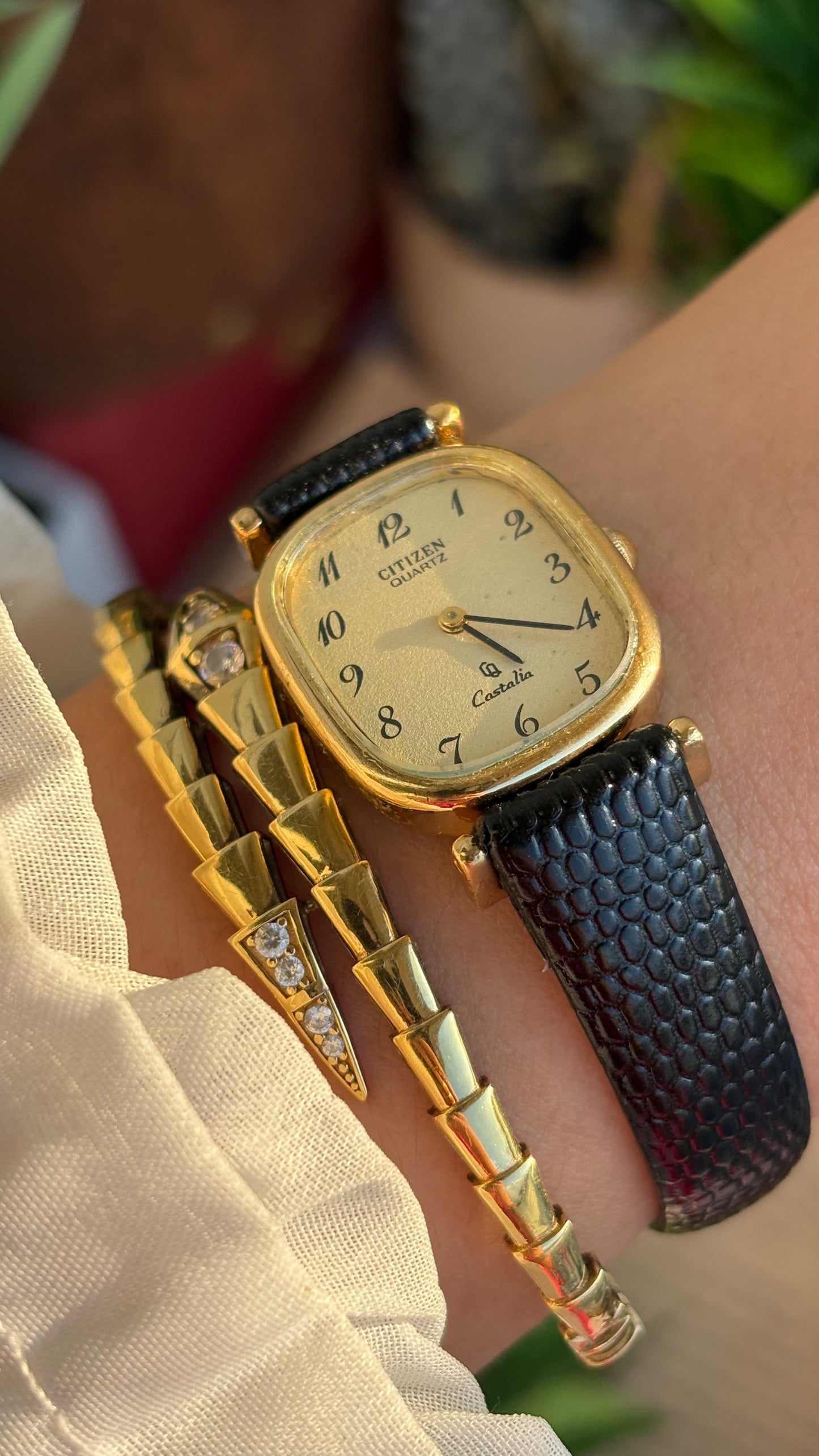 Extremely Rare Vintage Citizen Castalia Mini Tank Watch in Leather Strap Rounded Rectangular Dial