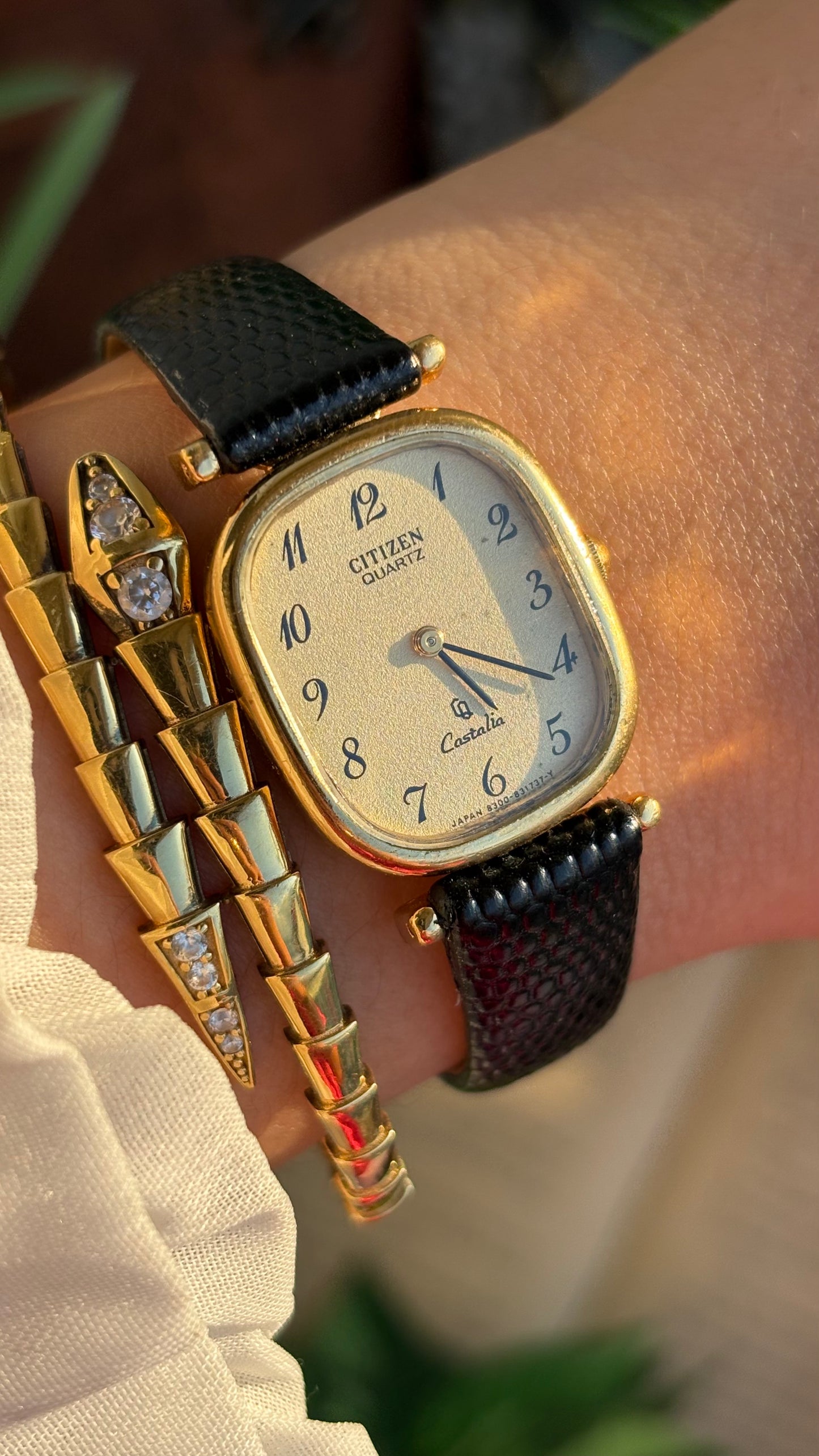 Extremely Rare Vintage Citizen Castalia Mini Tank Watch in Leather Strap Rounded Rectangular Dial