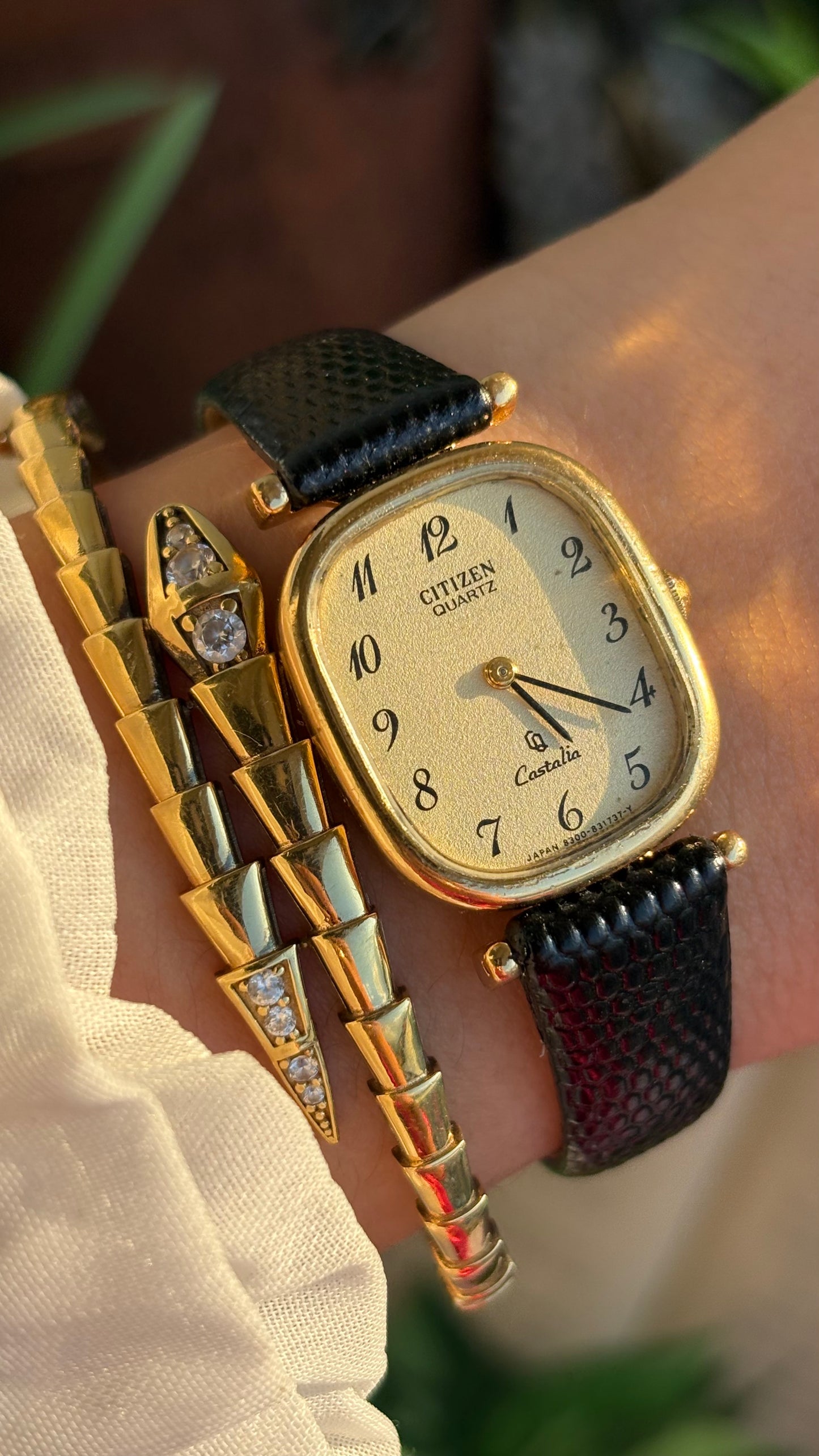 Extremely Rare Vintage Citizen Castalia Mini Tank Watch in Leather Strap Rounded Rectangular Dial