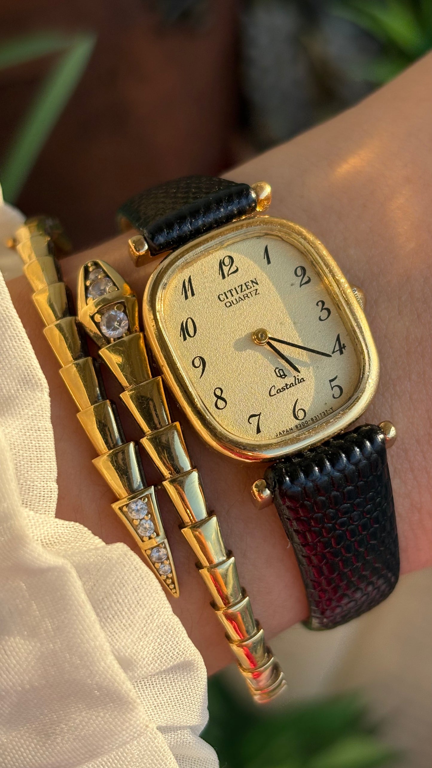 Extremely Rare Vintage Citizen Castalia Mini Tank Watch in Leather Strap Rounded Rectangular Dial