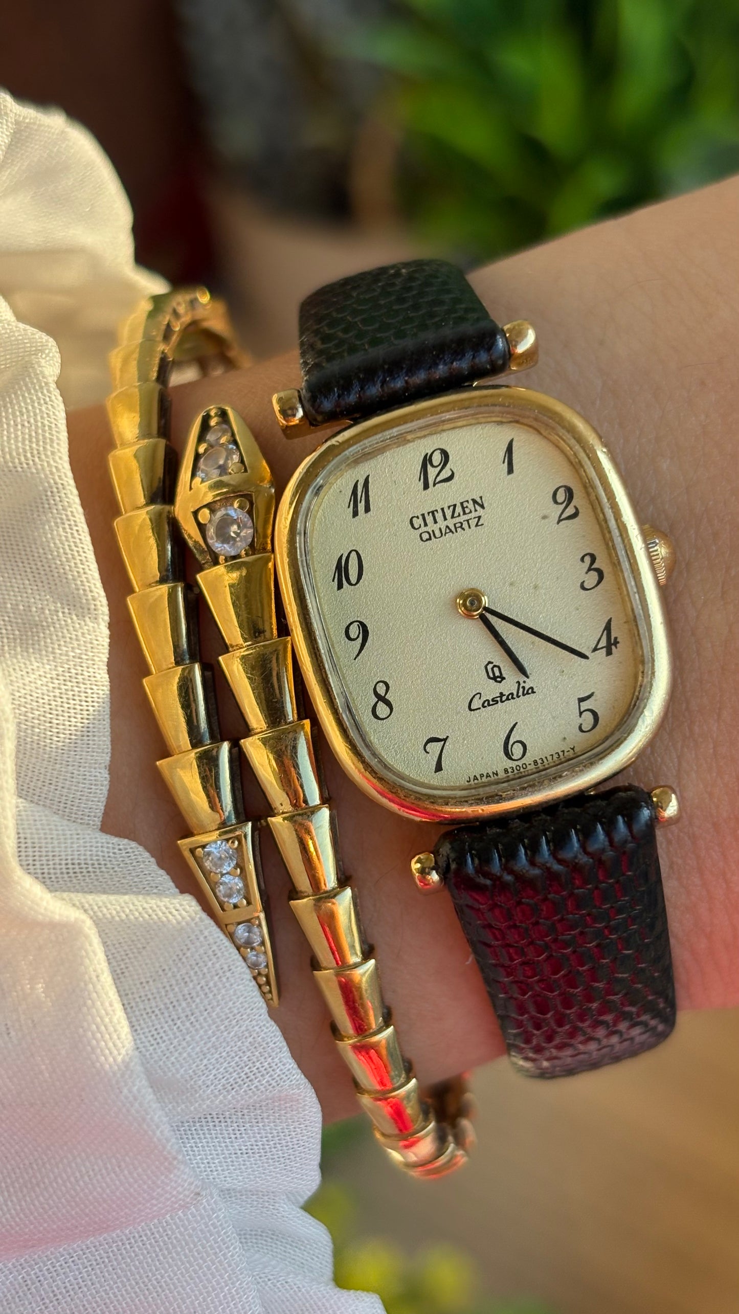 Extremely Rare Vintage Citizen Castalia Mini Tank Watch in Leather Strap Rounded Rectangular Dial