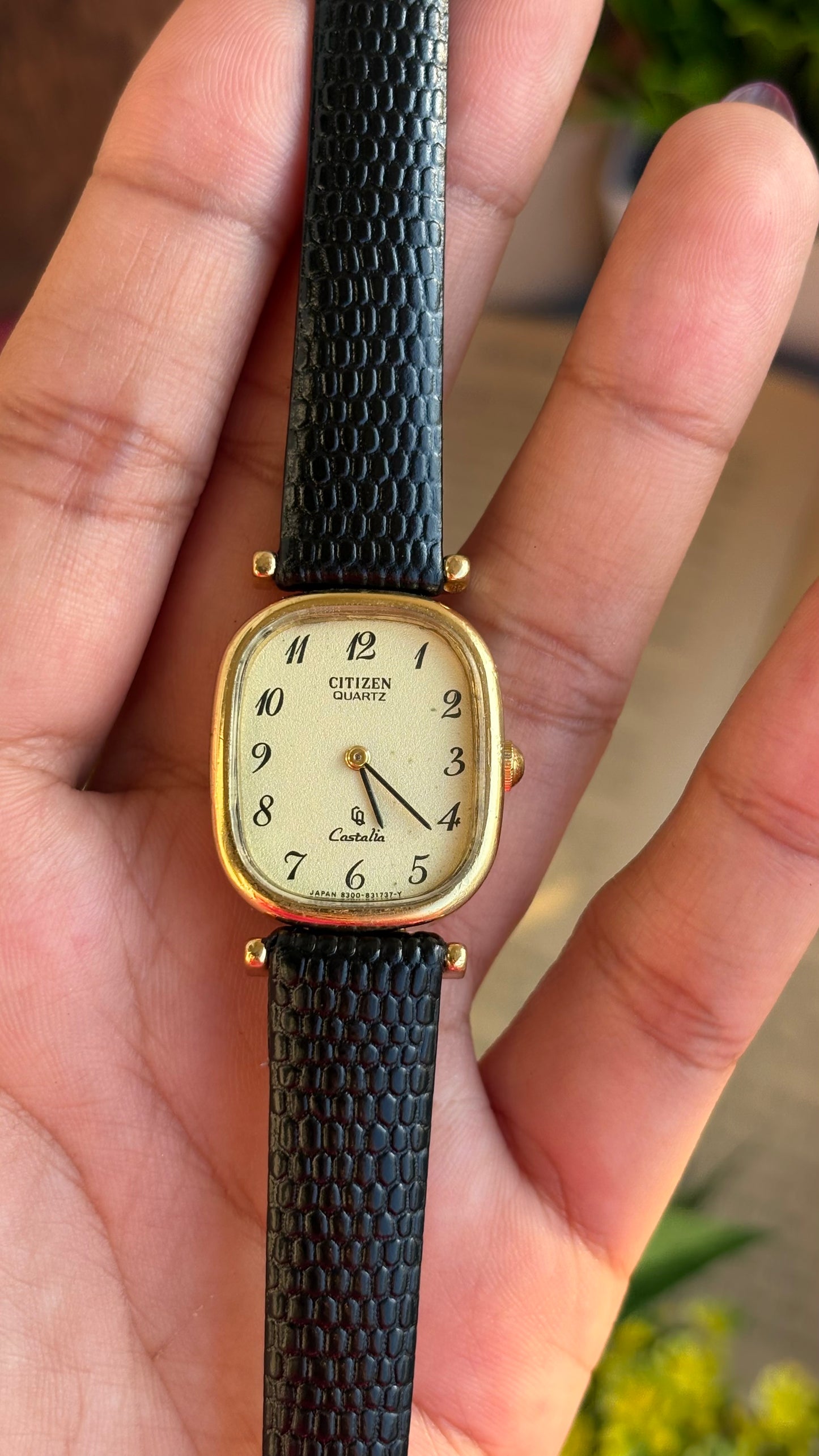 Extremely Rare Vintage Citizen Castalia Mini Tank Watch in Leather Strap Rounded Rectangular Dial