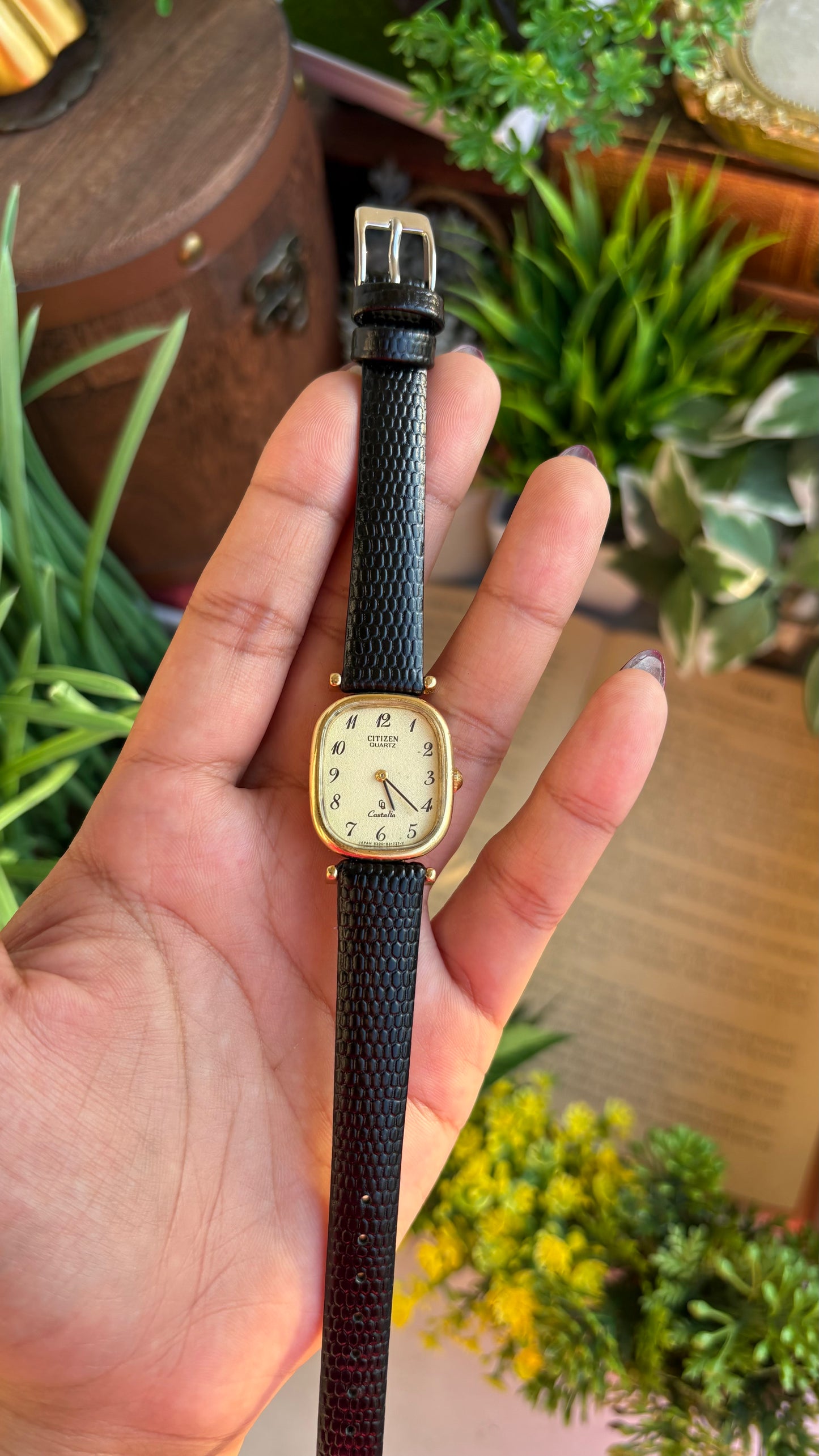 Extremely Rare Vintage Citizen Castalia Mini Tank Watch in Leather Strap Rounded Rectangular Dial