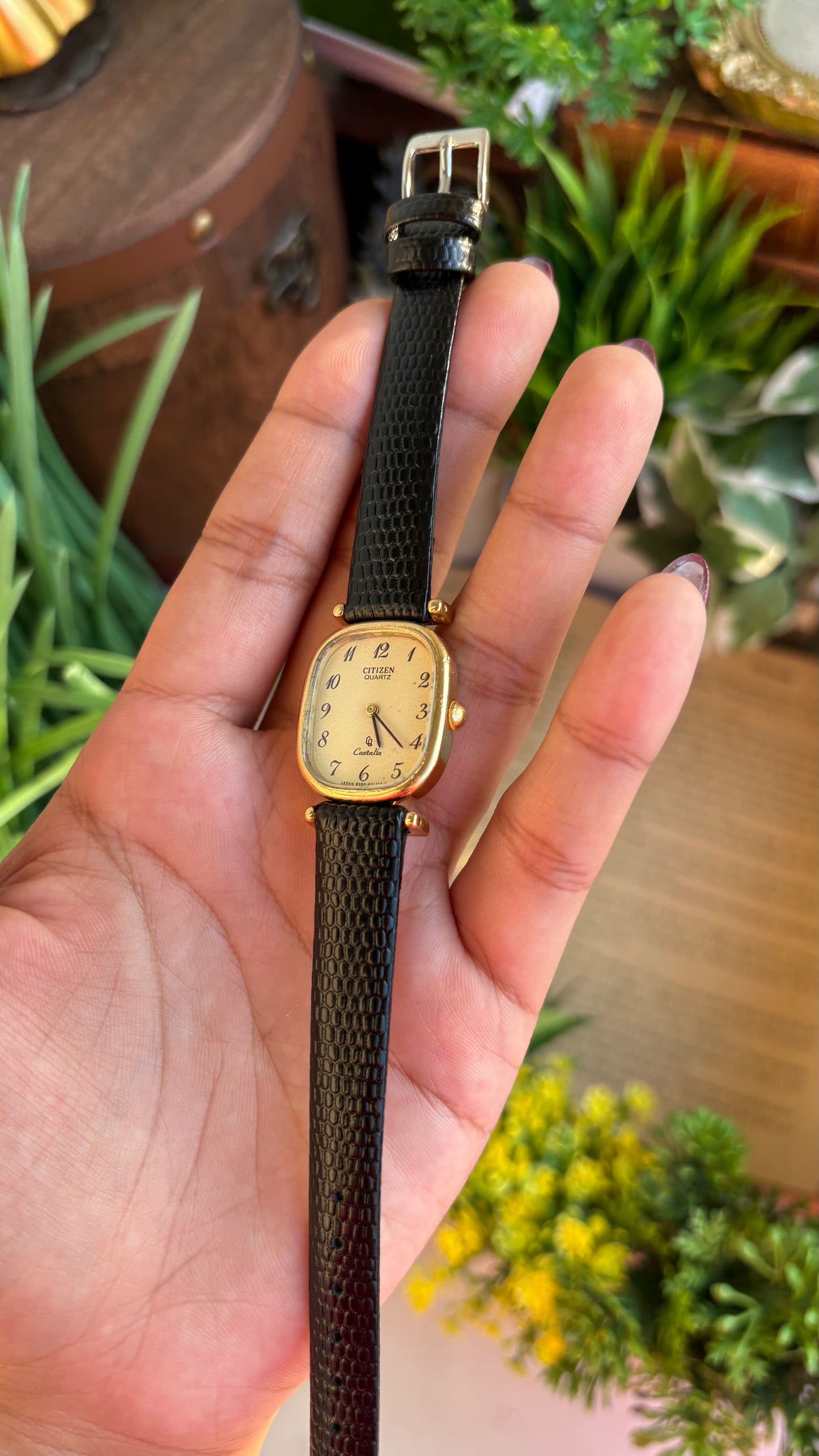 Extremely Rare Vintage Citizen Castalia Mini Tank Watch in Leather Strap Rounded Rectangular Dial
