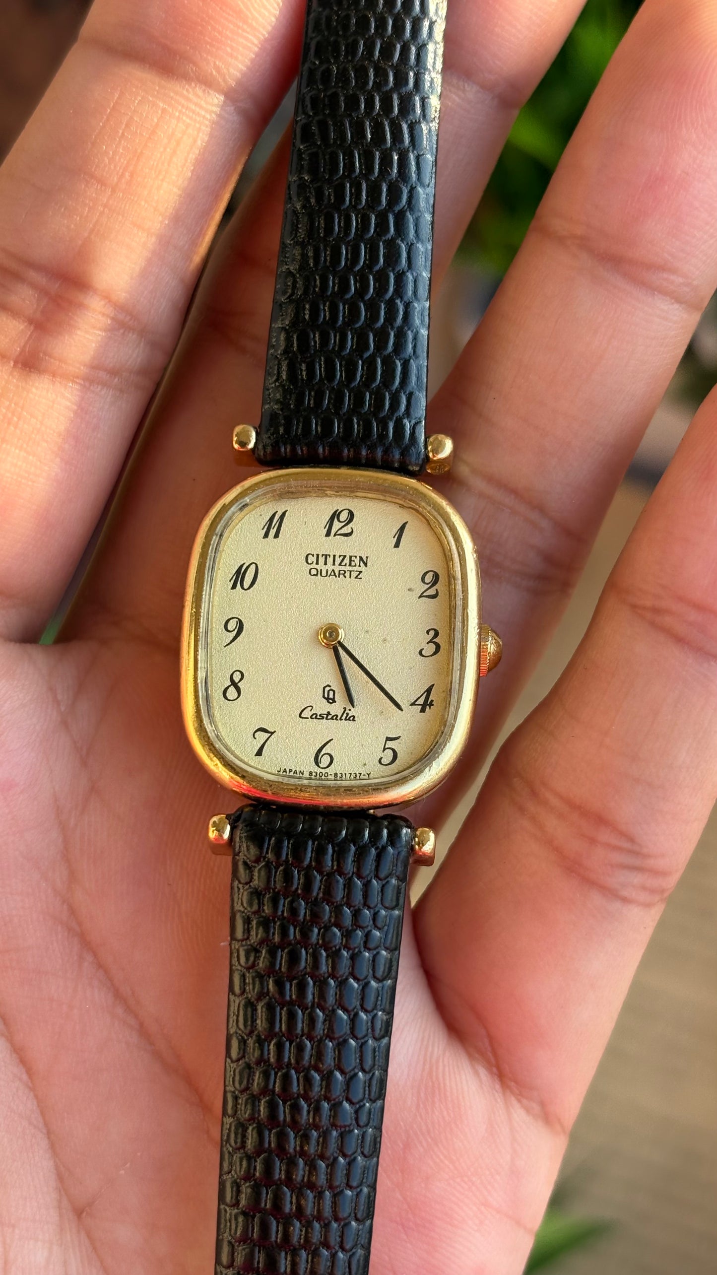 Extremely Rare Vintage Citizen Castalia Mini Tank Watch in Leather Strap Rounded Rectangular Dial