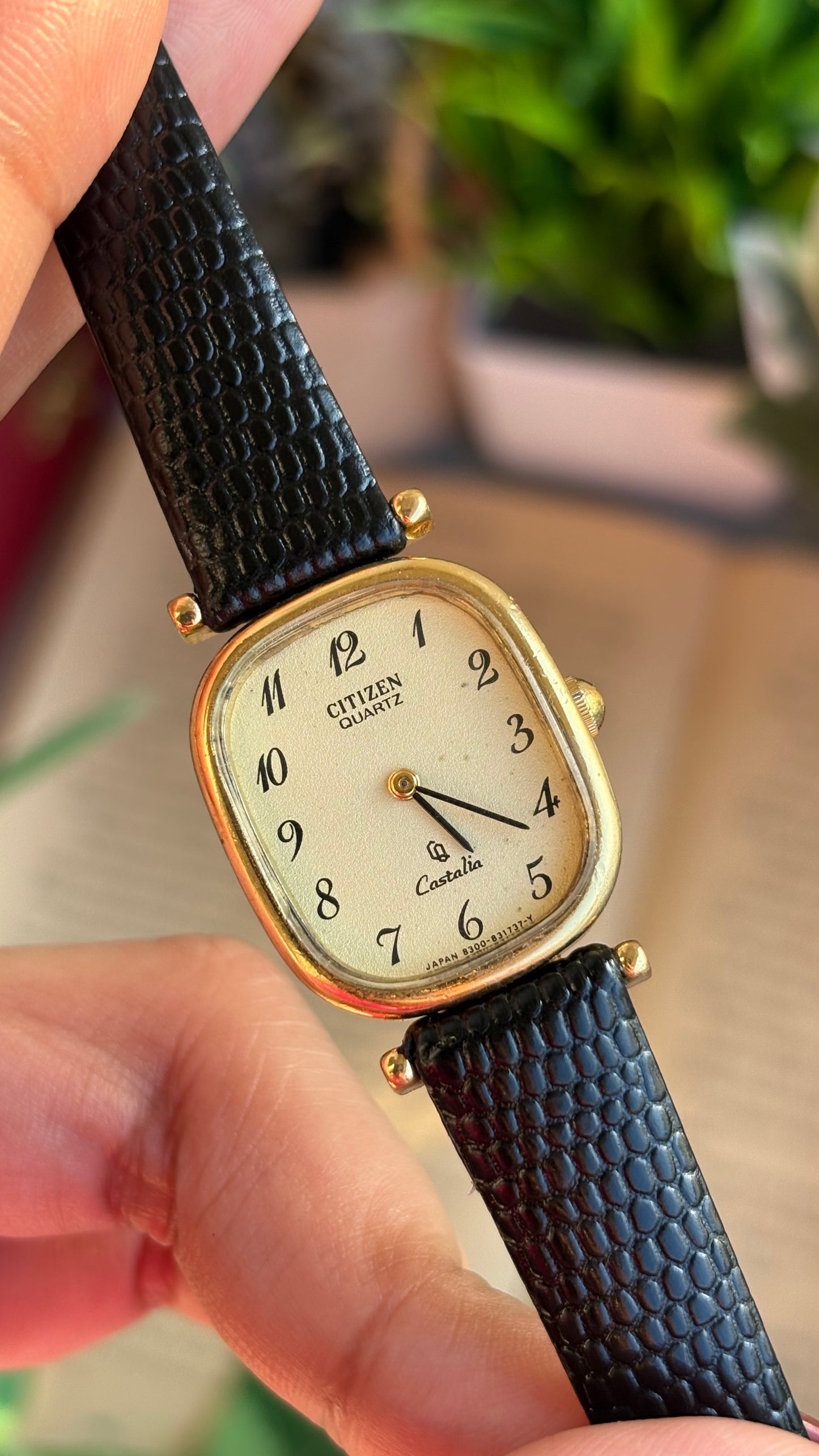 Extremely Rare Vintage Citizen Castalia Mini Tank Watch in Leather Strap Rounded Rectangular Dial