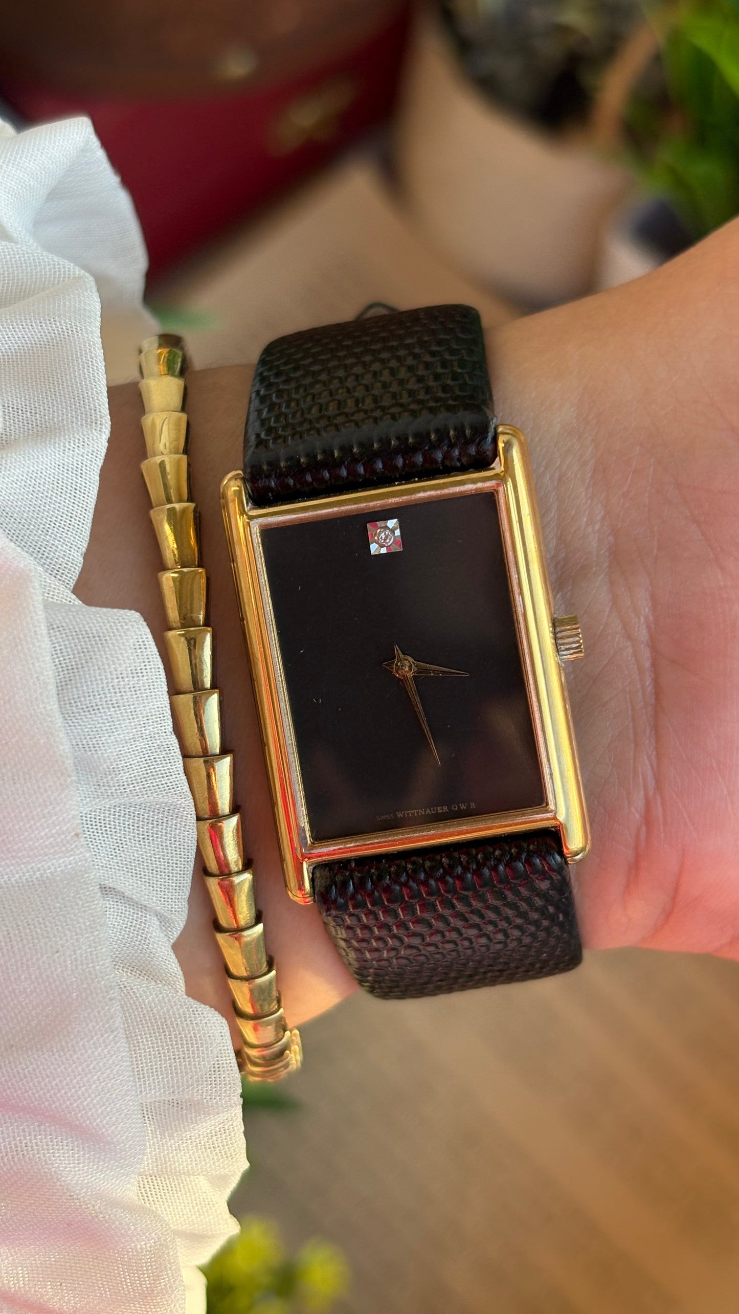 Extremely Rare Vintage Longines Wittnauer Unisex Tank Watch in Leather Strap with Diamond Black Dial