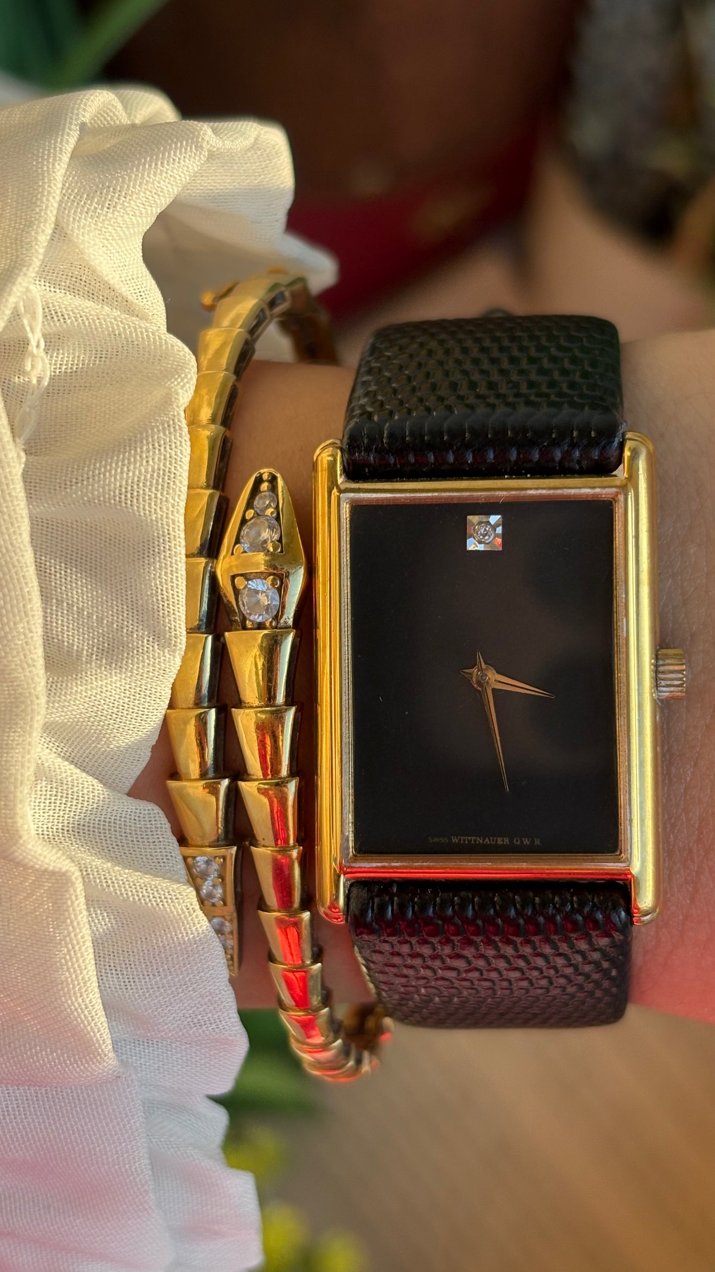 Extremely Rare Vintage Longines Wittnauer Unisex Tank Watch in Leather Strap with Diamond Black Dial