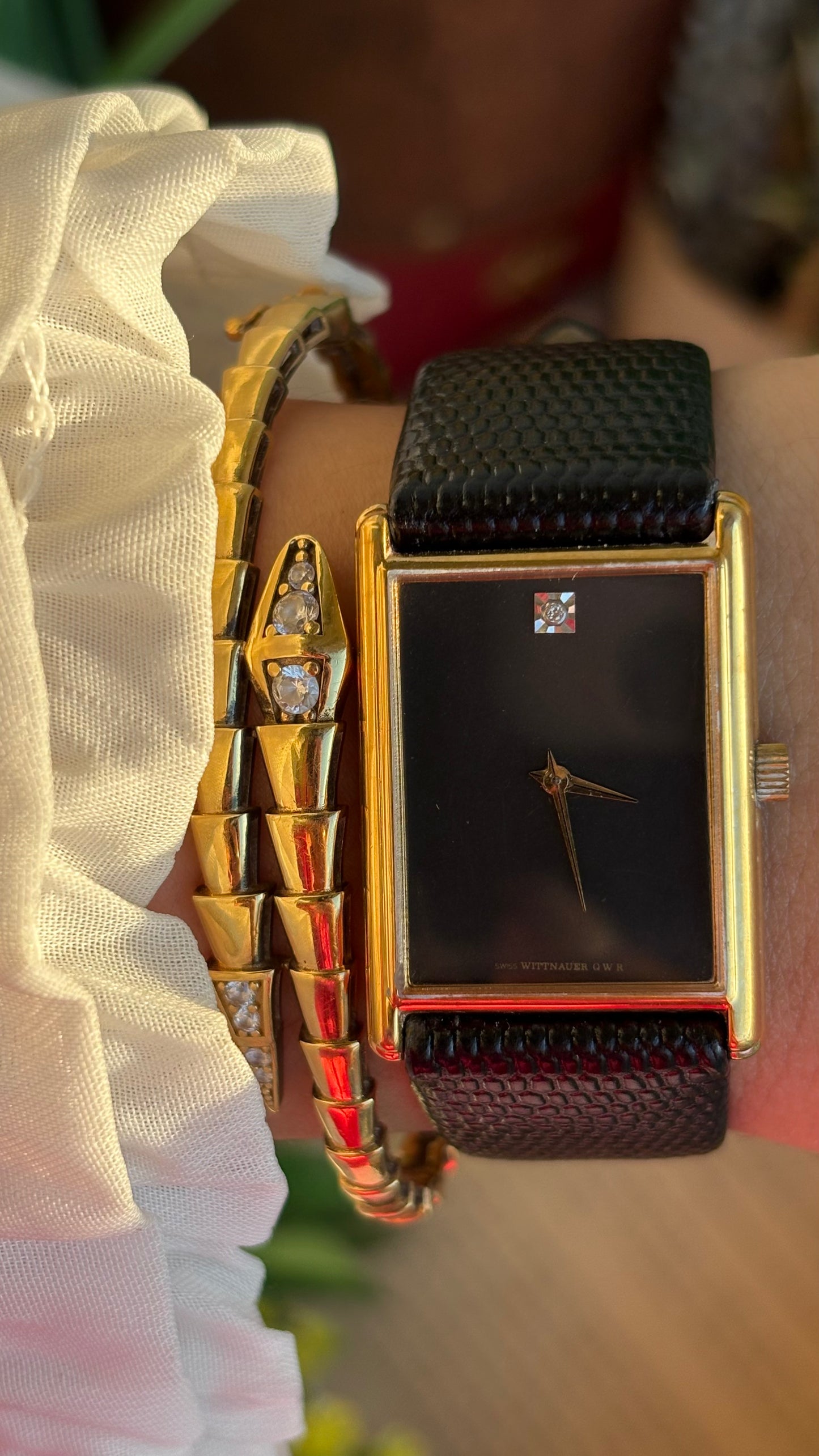 Extremely Rare Vintage Longines Wittnauer Unisex Tank Watch in Leather Strap with Diamond Black Dial
